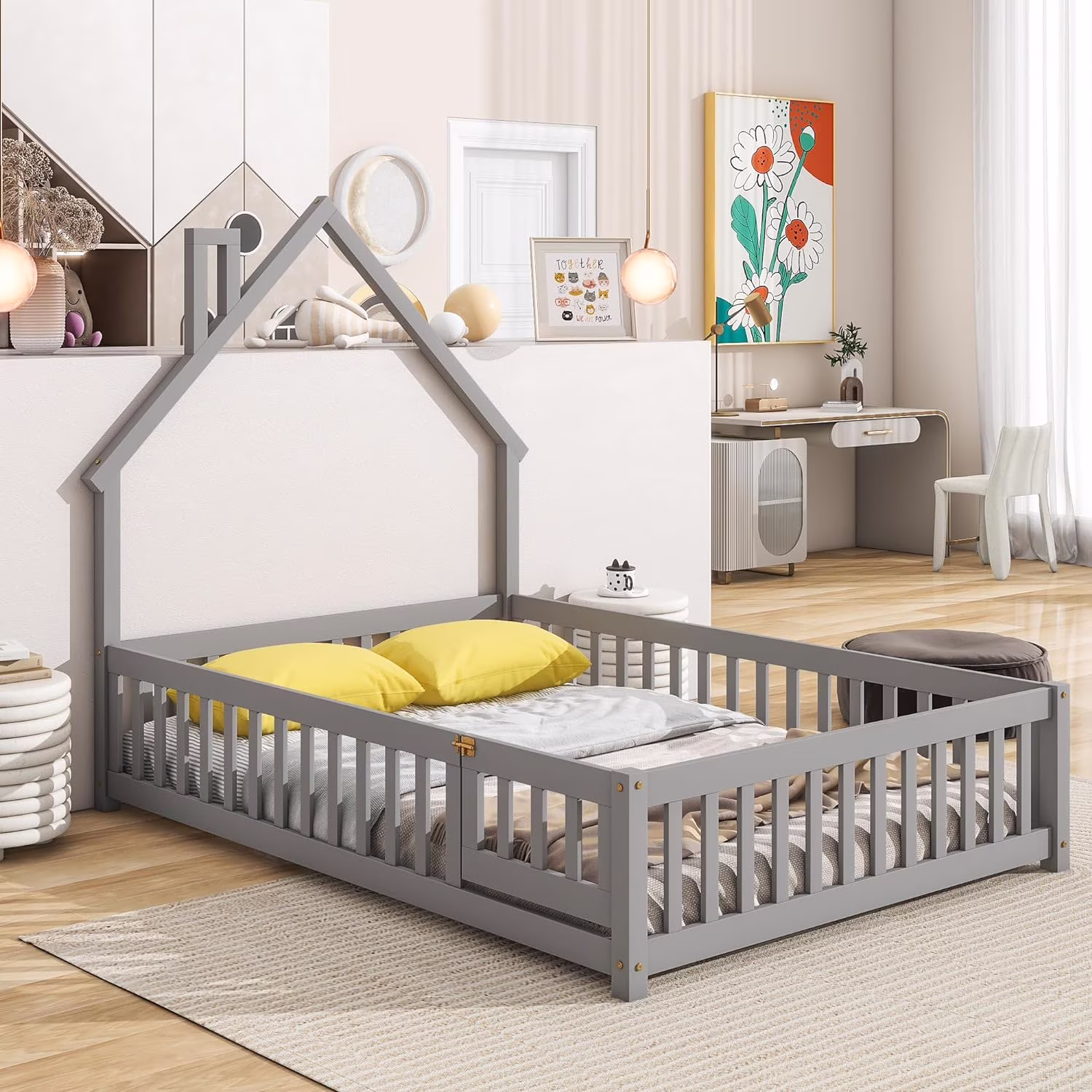 Full Size Floor Bed With Rails Ad Door, Wood Motessori Full Floor Bed With House-Shaped Headboard, Full Bed Frame For Kids, Boys,Girls, Grey