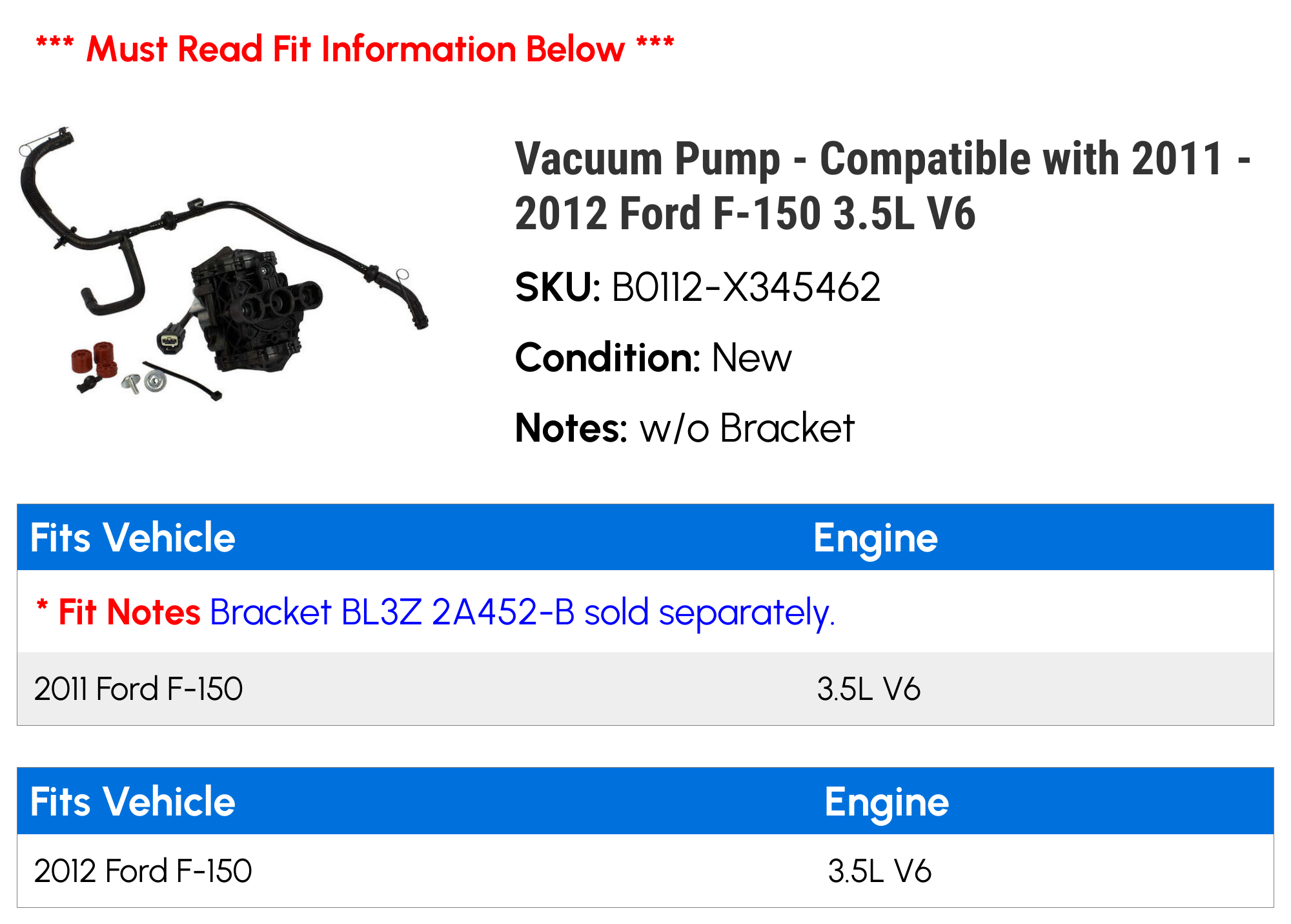 Vacuum Pump - Compatible with 2011 - 2012 Ford F-150 3.5L V6