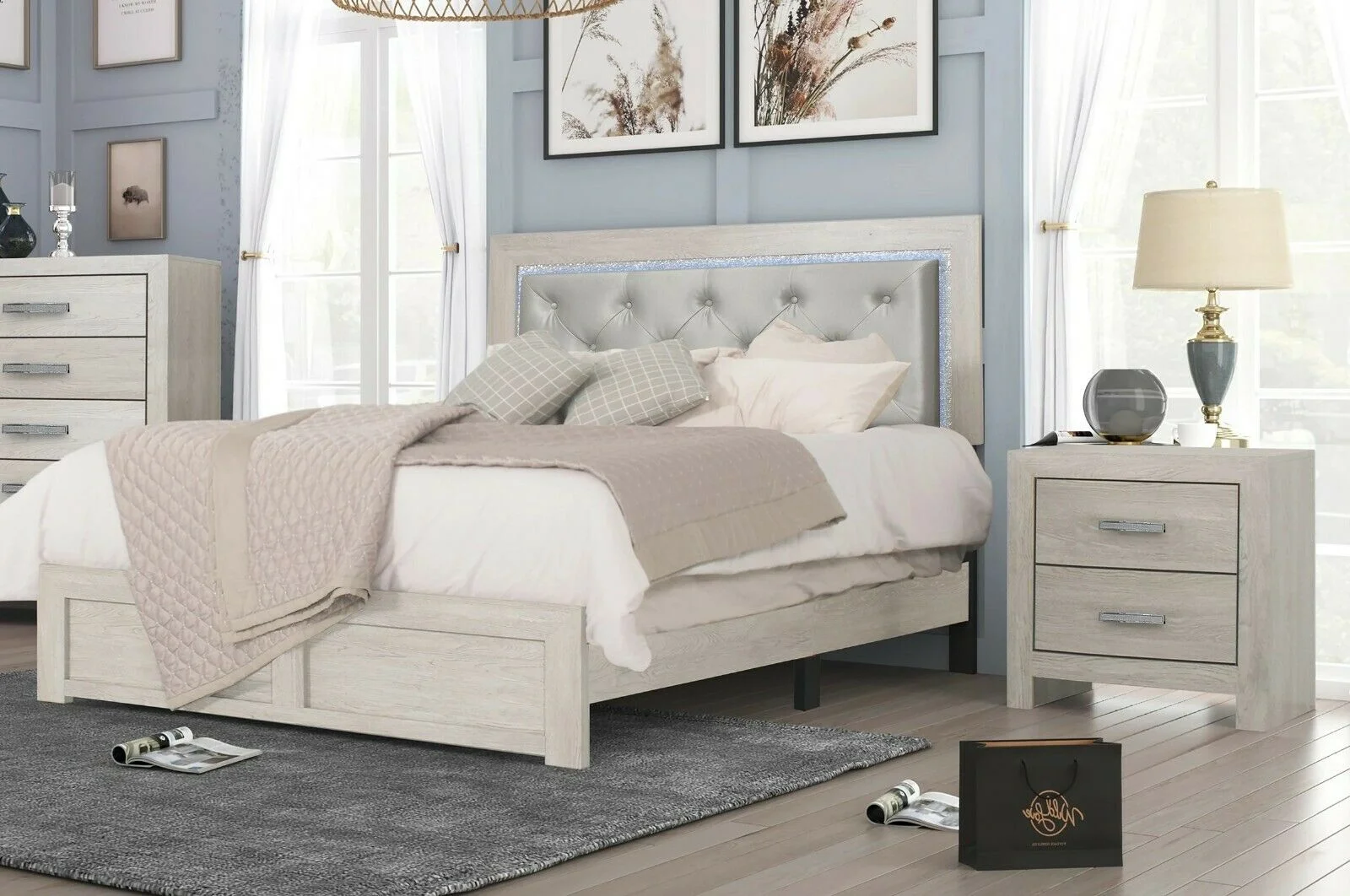 Modern 3pc Queen Size PU Upholstered LED Headboard Bed and Storage Nightstands Set Wooden Bedroom Furniture