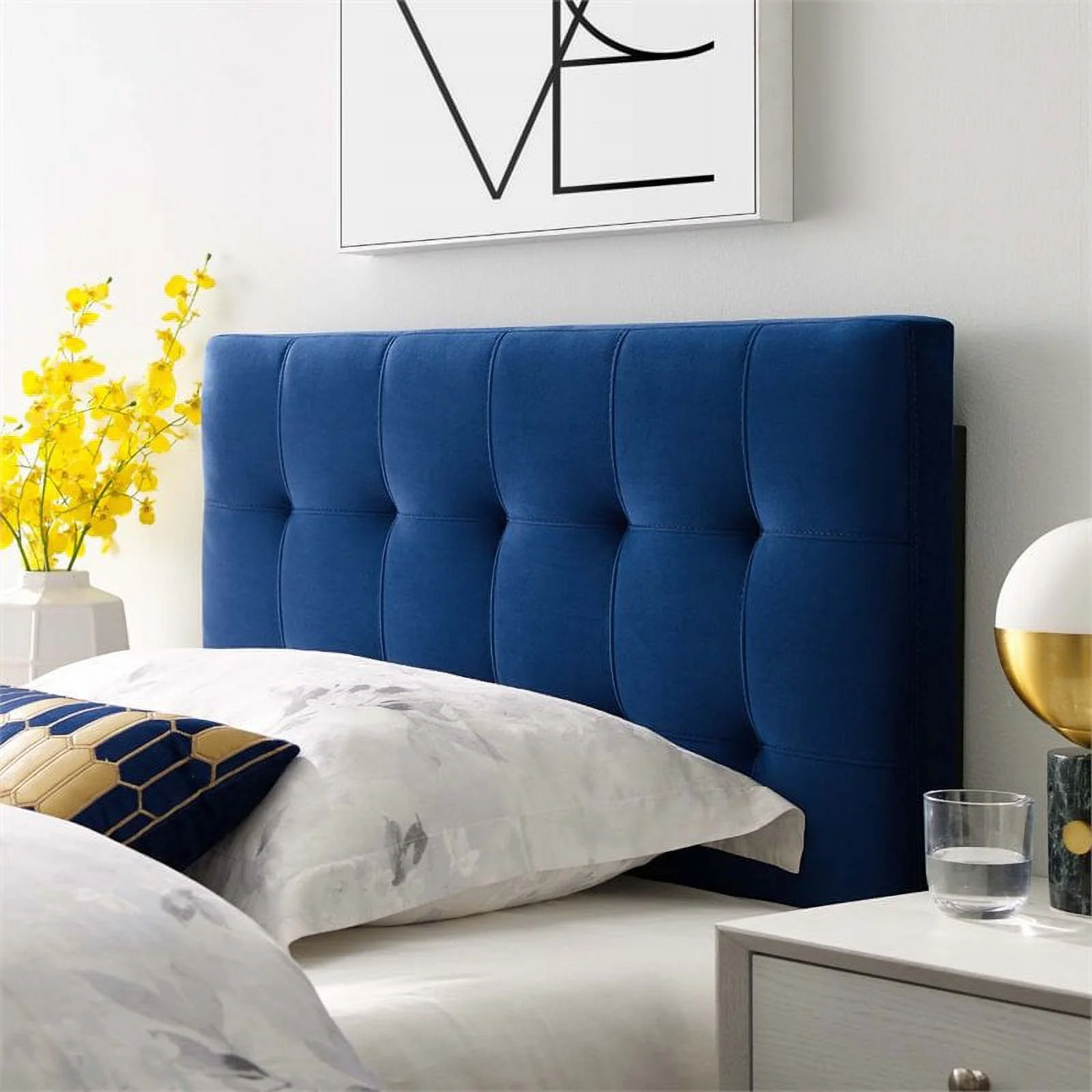 Pemberly Row Modern Fabric Blue Biscuit Tufted Velvet Twin Headboard