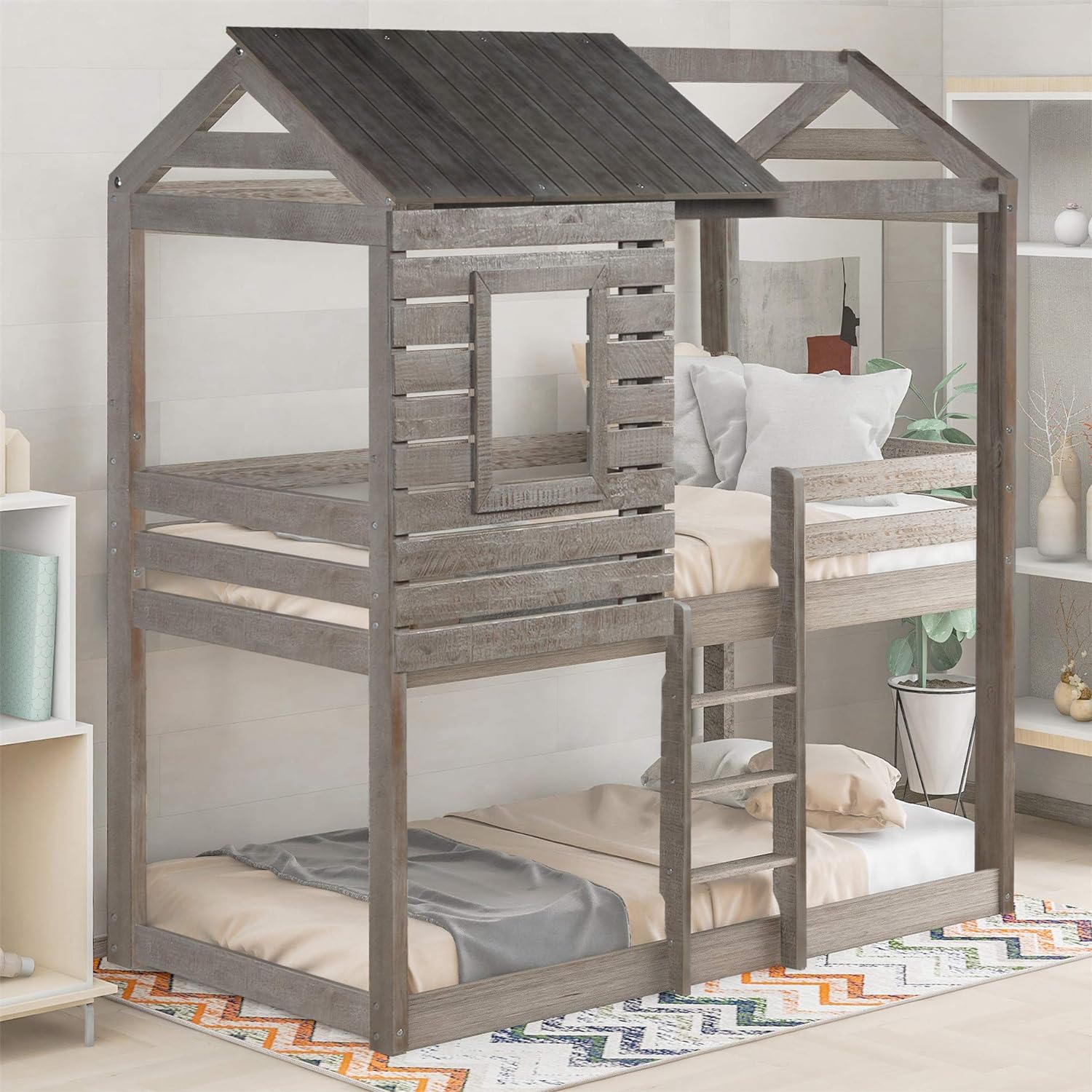 Over Bunk Bed With Roof, Wooden House Bed With Window, Guardrail, Ladder For Kids, Teens, Girls, Boys (Antique Gray)