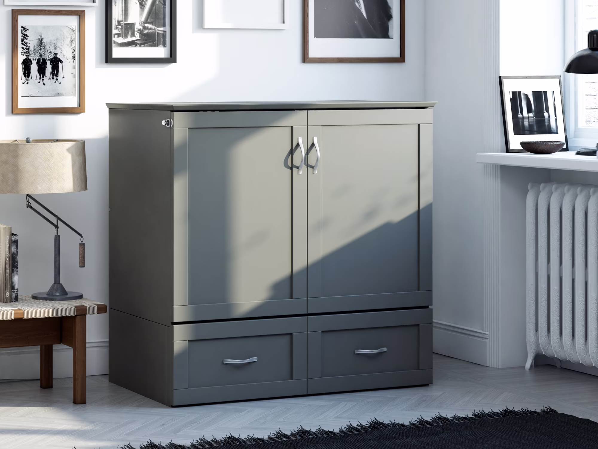 AFI Hamilton Twin XL Solid Wood Murphy Bed Chest with Mattress, Drawer and Charger, Grey