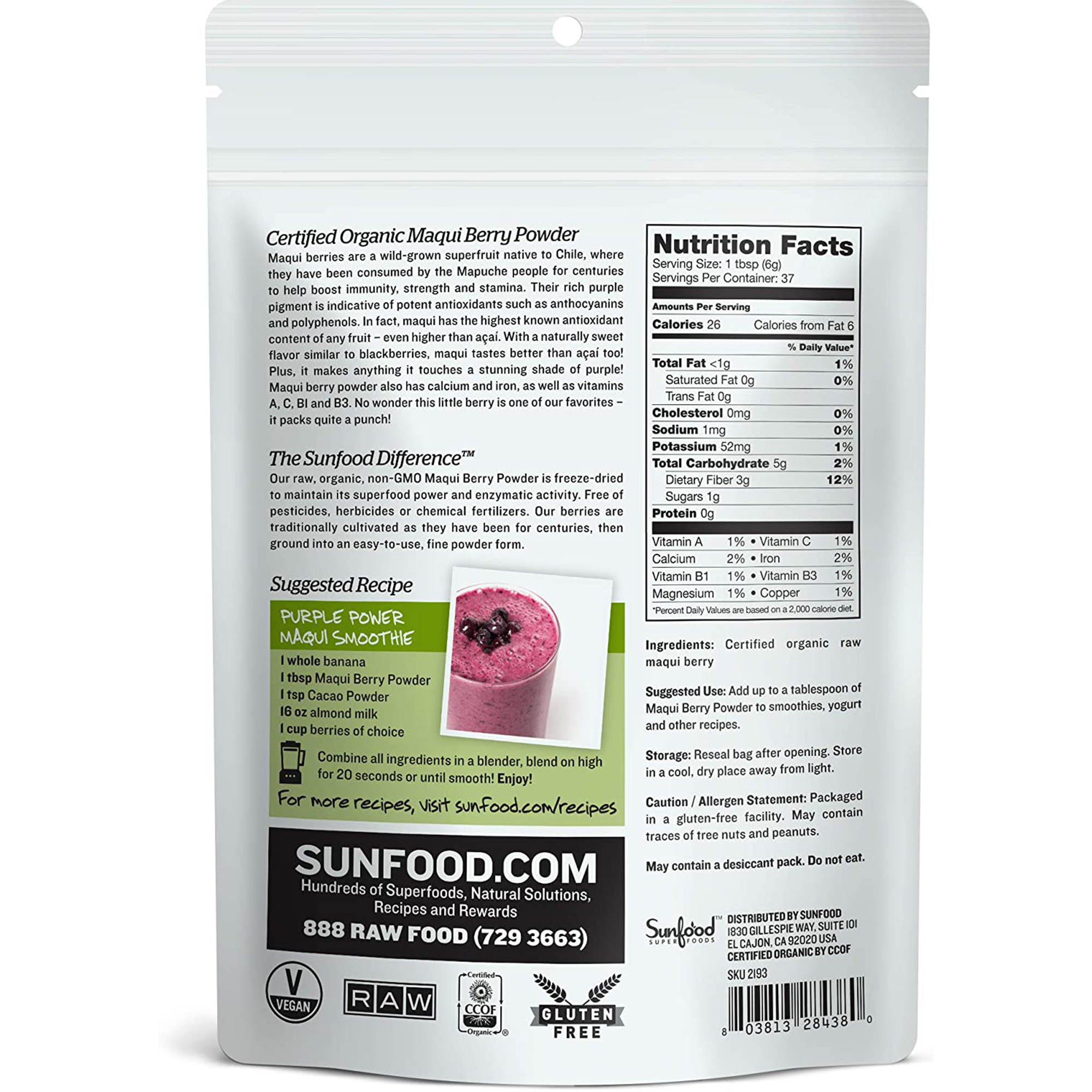 Sunfoods Superfoods Raw Organic Maqui Berry Powder Superfood with Antioxidants, 8 oz