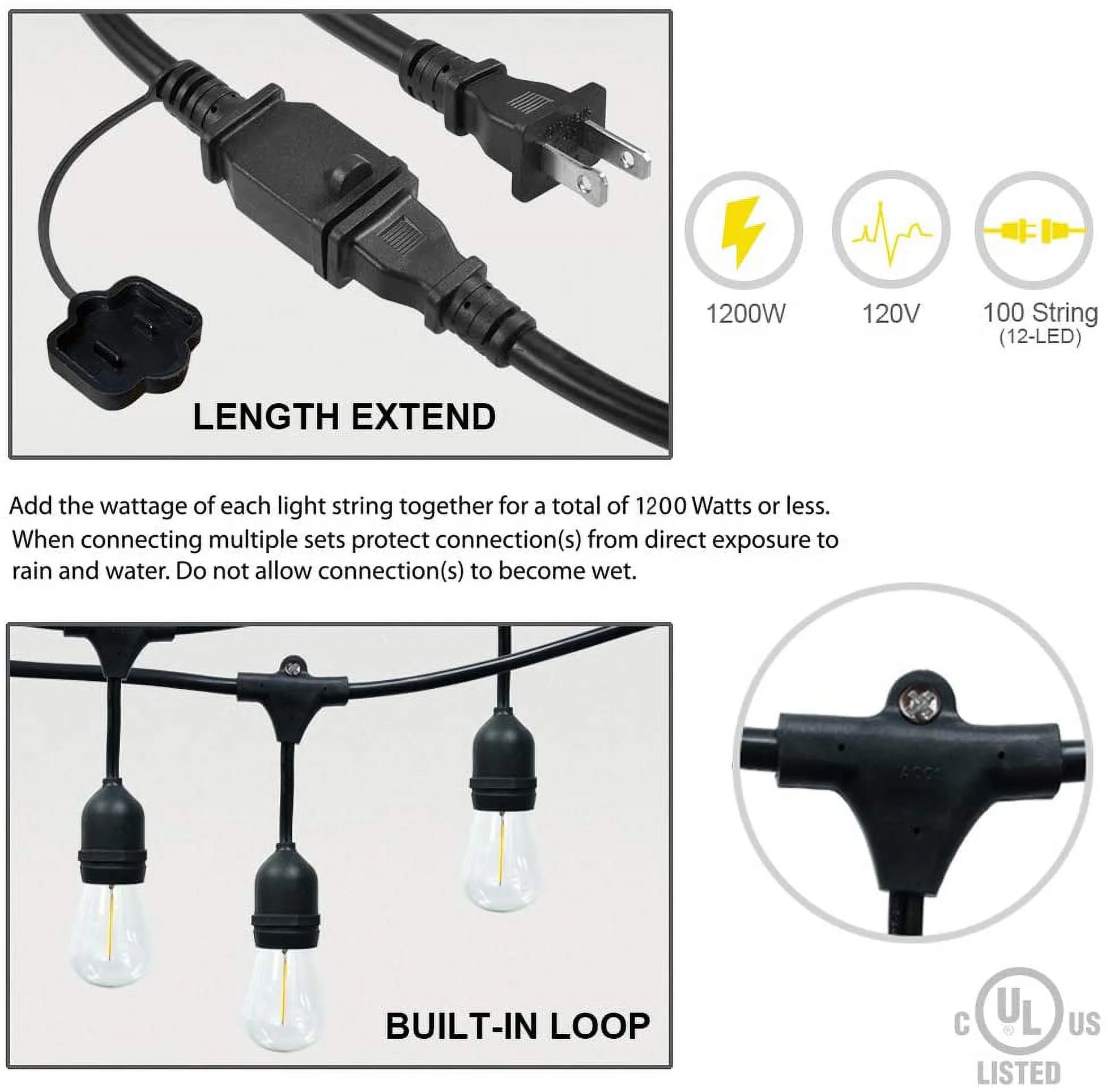 24ft LED String Lights, S14 Filament Bulbs, 7.3m Patio Lights, Indoor and Weatherproof Outdoor String Lights, Cafe Garden Party Decoration Bulbs, Warm White 2700K, UL Listed (12 LED)