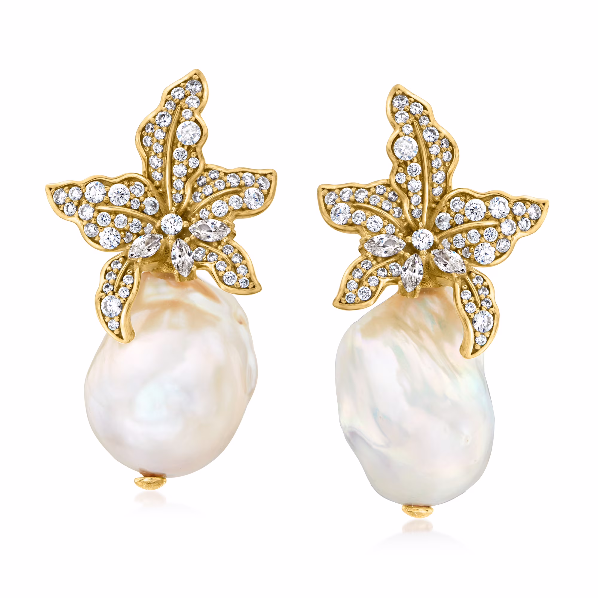 Ross-Simons Italian 13-18mm Baroque Pearl and 1.80 ct. t.w. CZ Flower Earrings in 18kt Gold Over Sterling, Women's, Adult