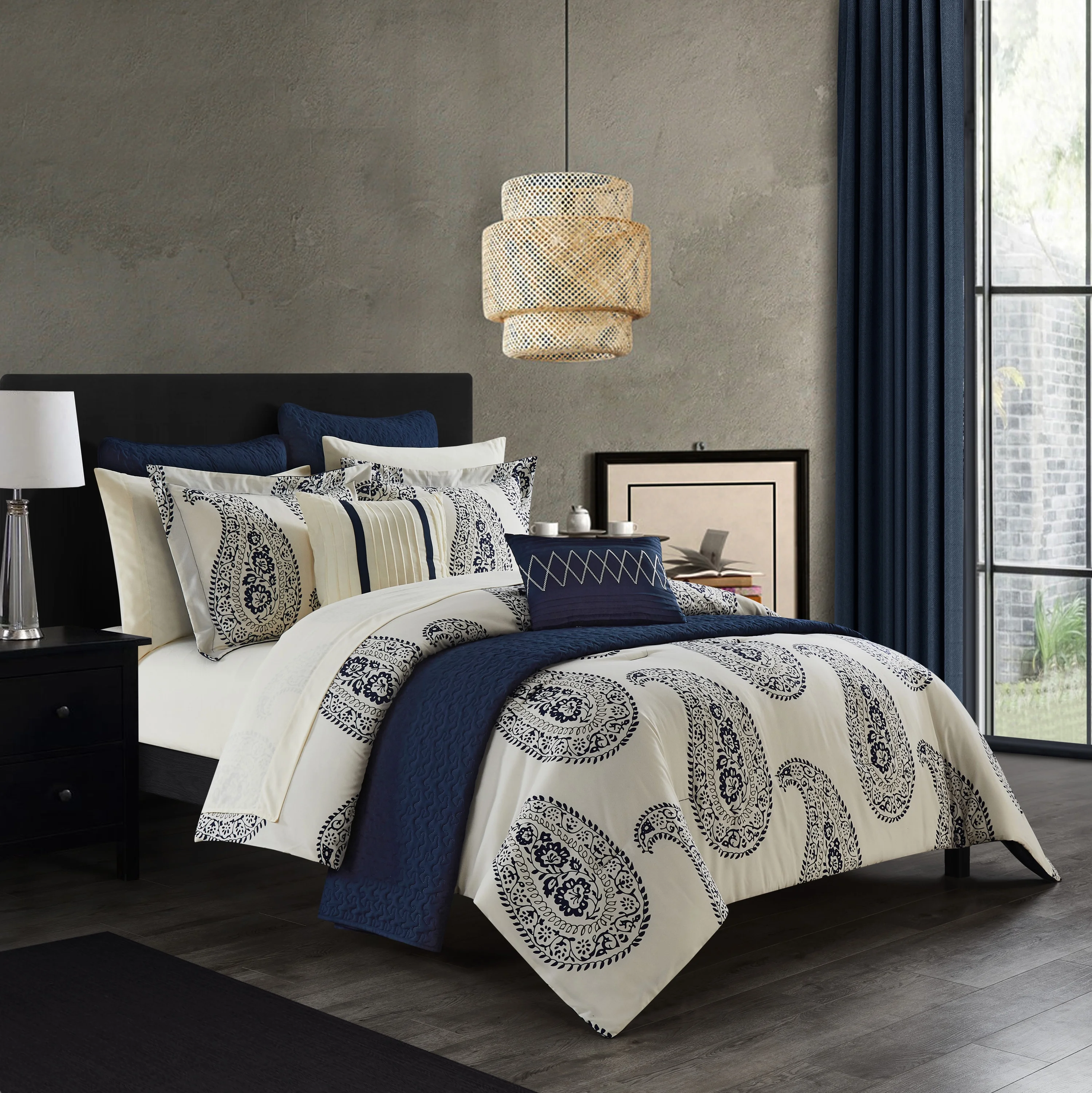 Chic Home Mckenna 12-Piece Reversible Paisley Comforter Set, Queen, Navy