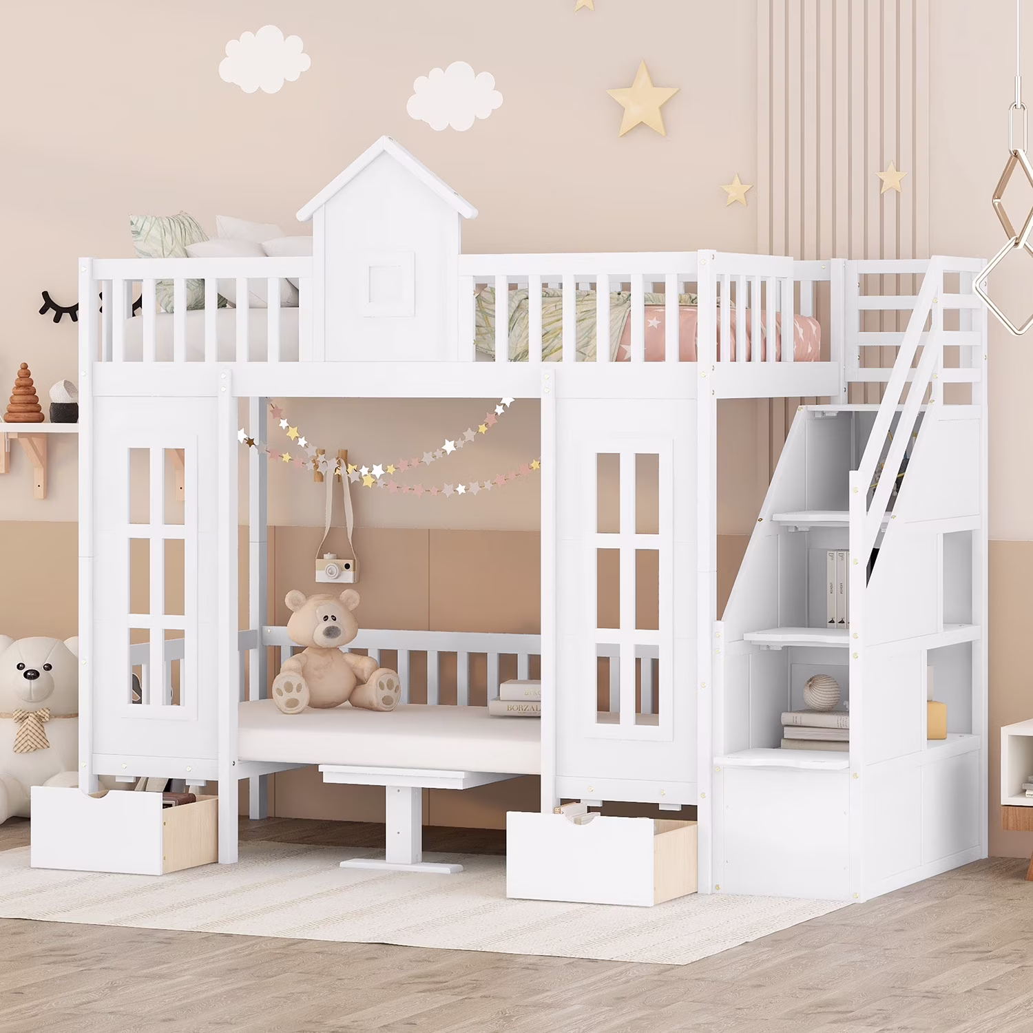 Churanty Twin Over Twin Bunk Bed with 2 Drawers and Storage Stairs,Loft Bed with Desk and Seat Can Be Turned Into Bunk Bed,White