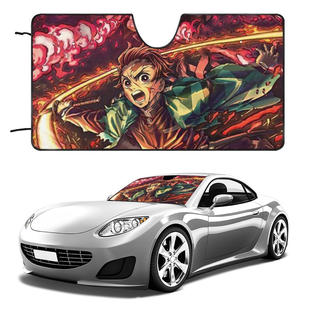 Demon Slayer Nezuko Tanjiro Car Windshield Sunshade Accessories Umbrella Foldable Reflective Sun Visor Front Window Cover Protector