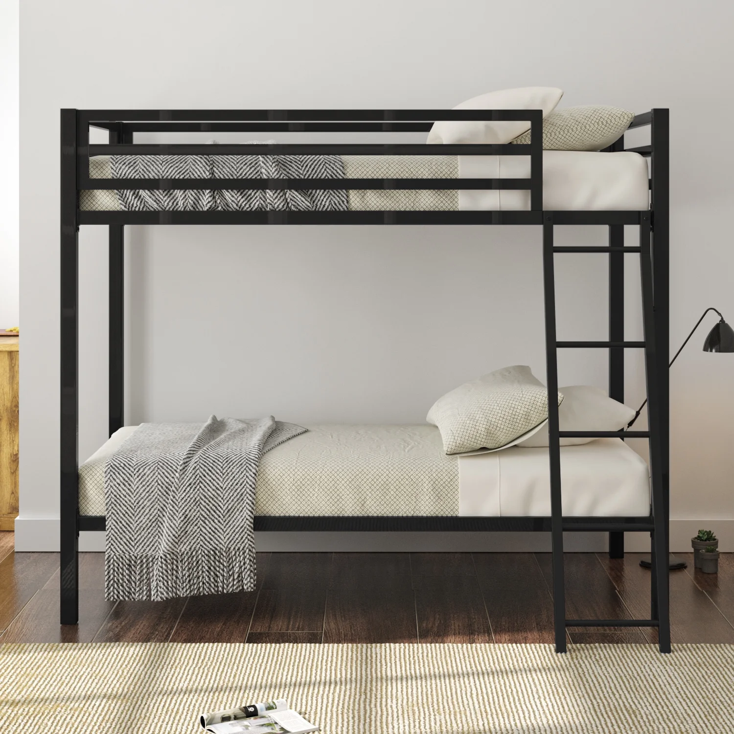 Allewie Metal Bunk Bed Twin Over Twin Size with Angled Ladder & Guardrail, Space-Saving, Black