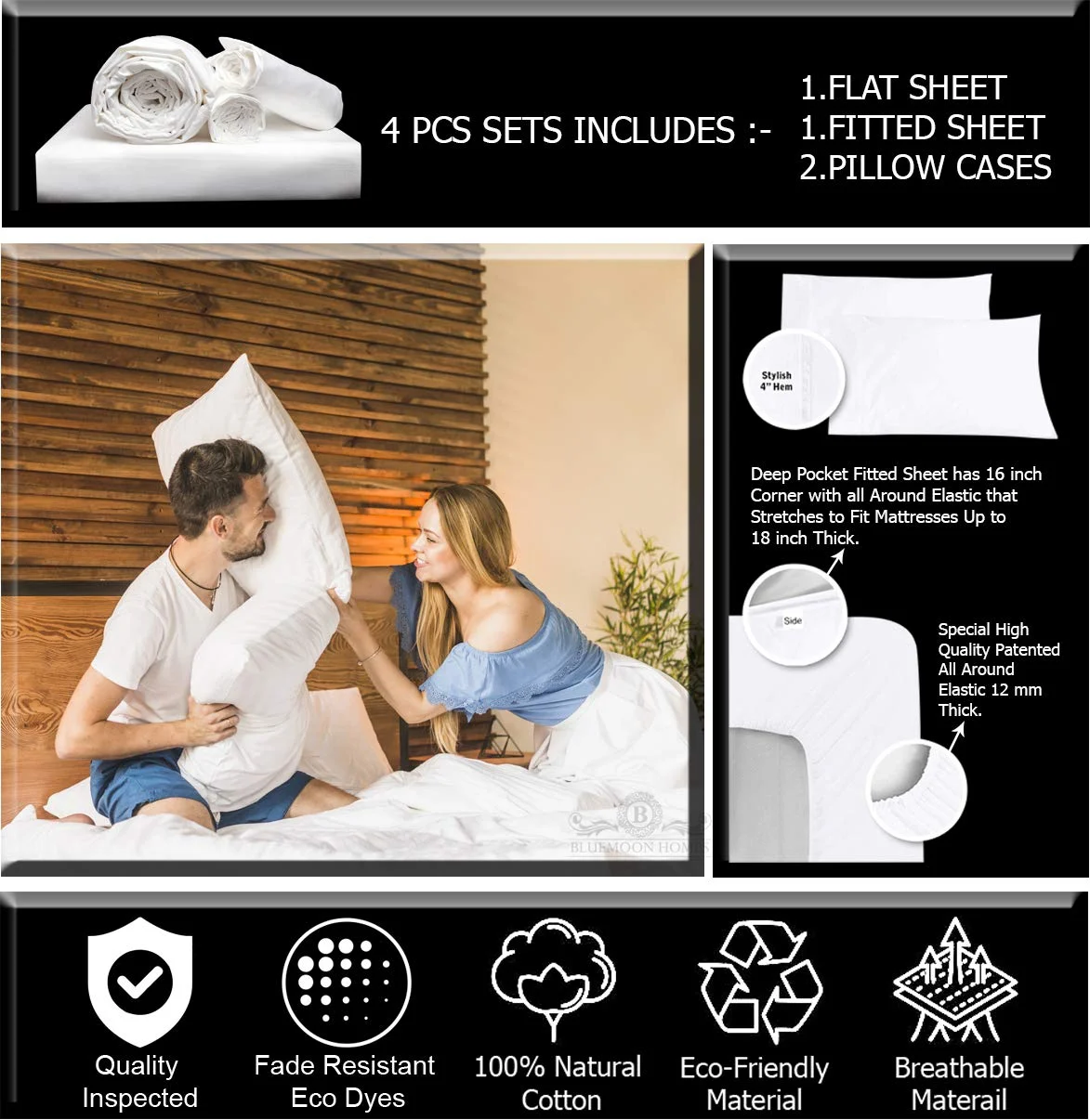 Bluemoon Homes luxurious 1000 TC Italian FInish 100% Egyptian Cotton 4-Piece Bed Sheet Set, Fitss Mattress Up To 18