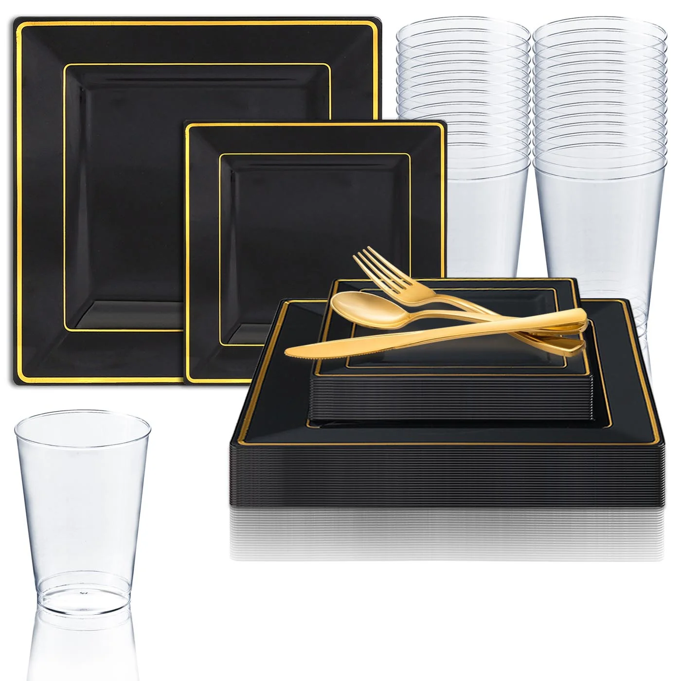 Smarty Black w/ Gold Square Edge Plastic Wedding Value Set (120 Guests)