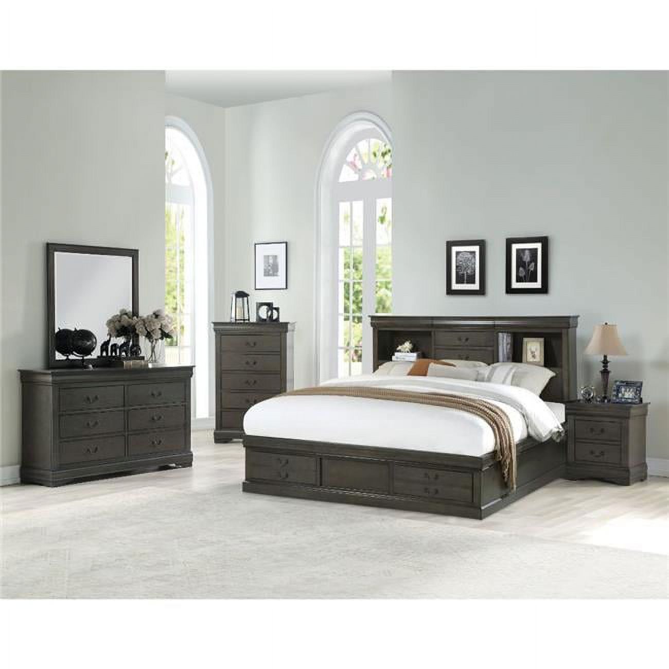 82 x 61 x 48 in. Louis Philippe III Bed with Storage, Dark Gray - Queen Size