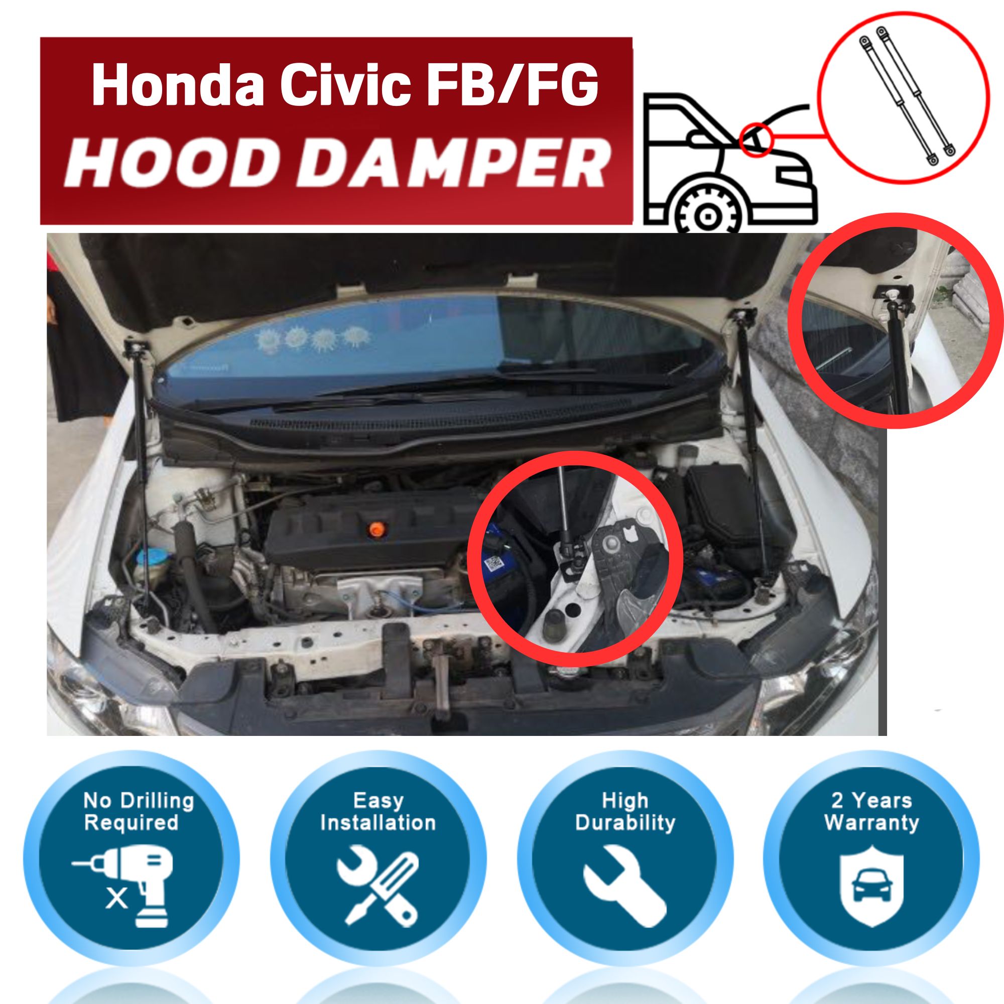 XIANGSHANG Hood Struts for Honda Civic sedan/coupe (FB/FG) 2012-2015 No-Drill Bonnet Lift Supports Gas Dampers Springs Full Kit 2-YEAR WARRANTY