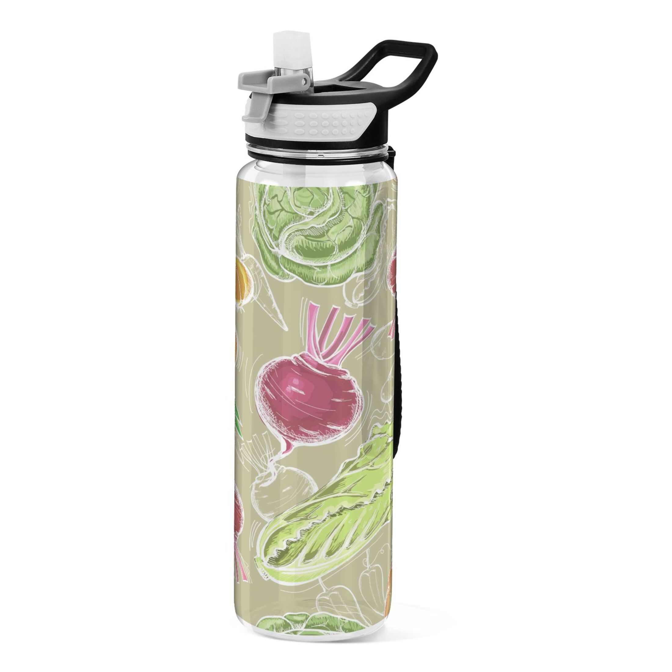 Vegetables Pattern 32oz Water Bottles with Straw Tritan Leakproof Sports Bottle BPA Free Clear for Fitness Gym Swimming Cycling