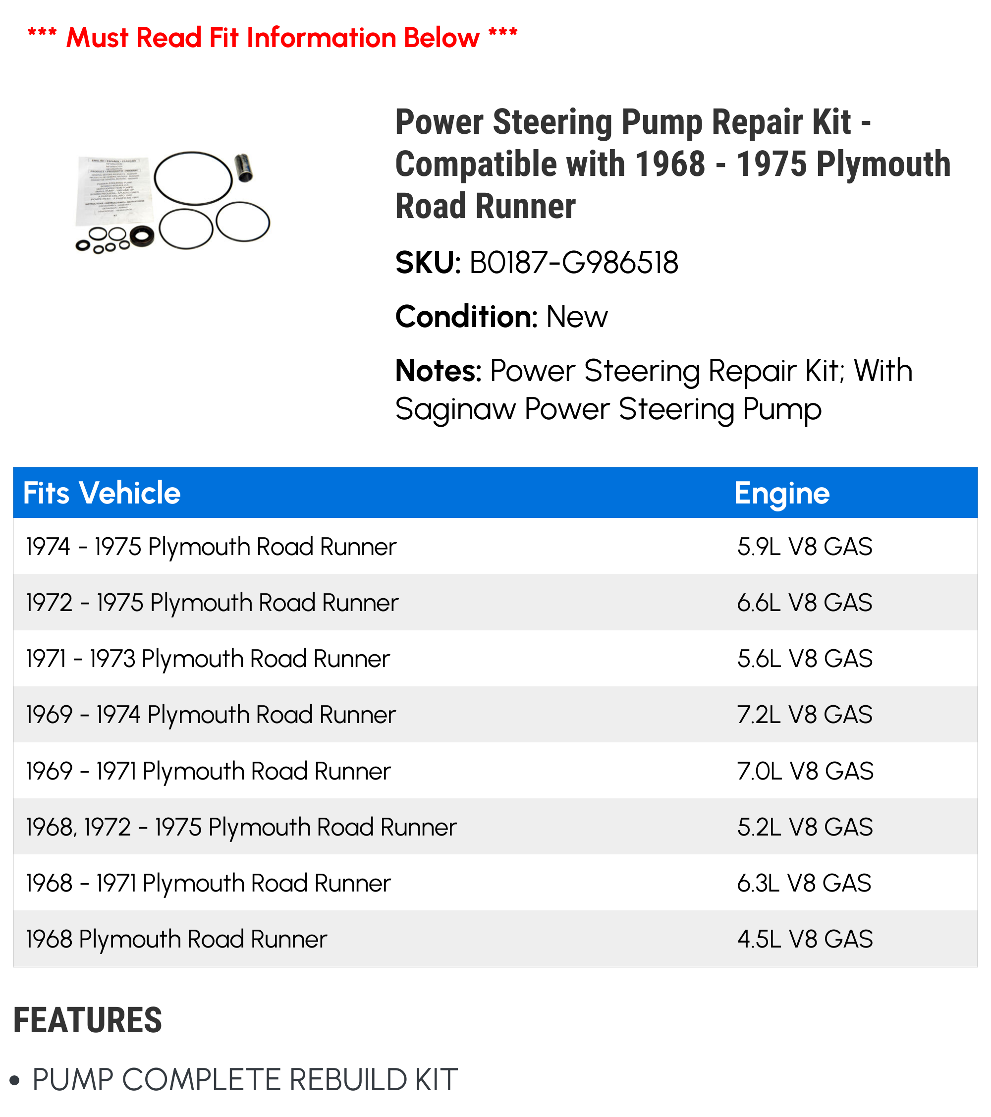 Power Steering Pump Repair Kit - Compatible with 1968 - 1975 Plymouth Road Runner 1969 1970 1971 1972 1973 1974