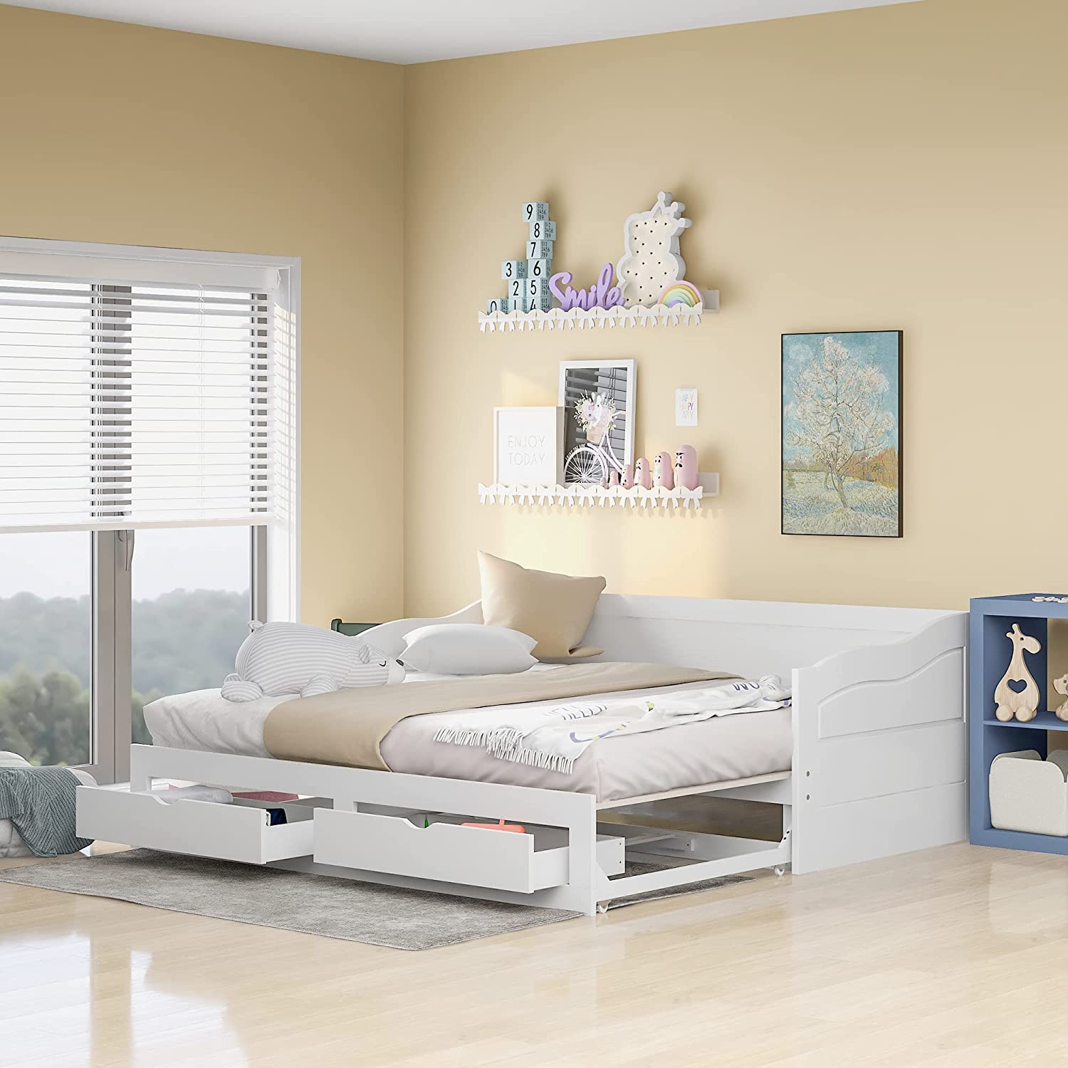Extendable Daybed With Trundle, Daybed With Storage Drawers, Wooden Sofa Bed Frame,No Box Spring Required, White