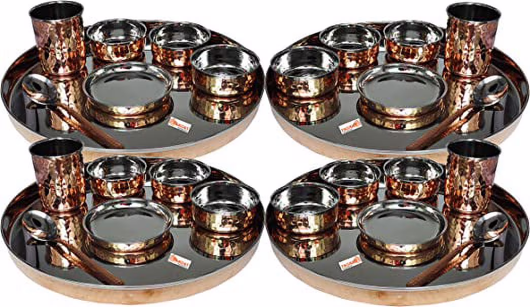 Pack Of 4 Set Stainless Steel Copper Traditional Dinnerware Set Of Thali Plate, Bowls, Glass And Spoon, Diameter (4, 13-Inch)