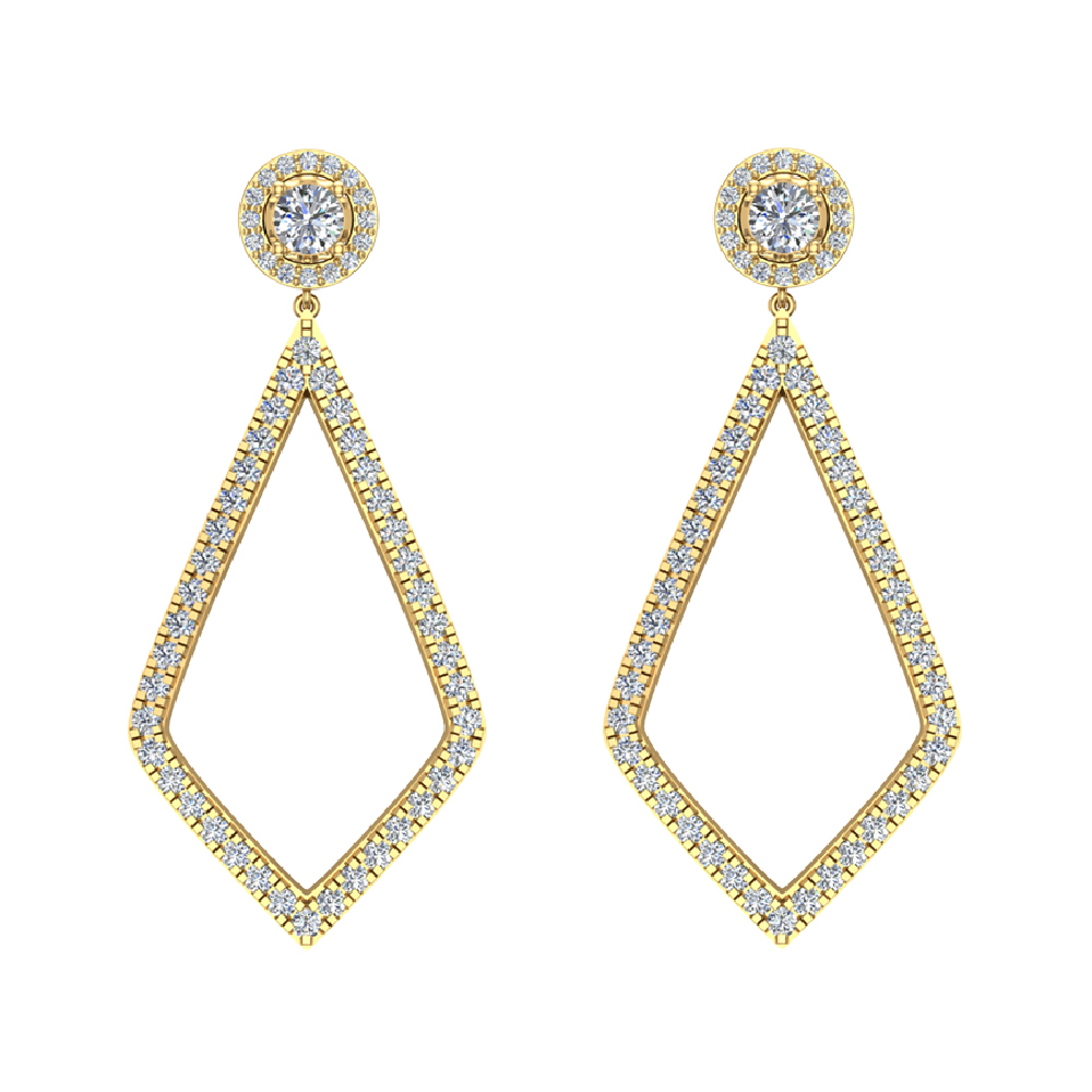 18K Yellow Gold Diamond Dangling Earrings Kite shape Halo Studs Screw back ( G , VS )
