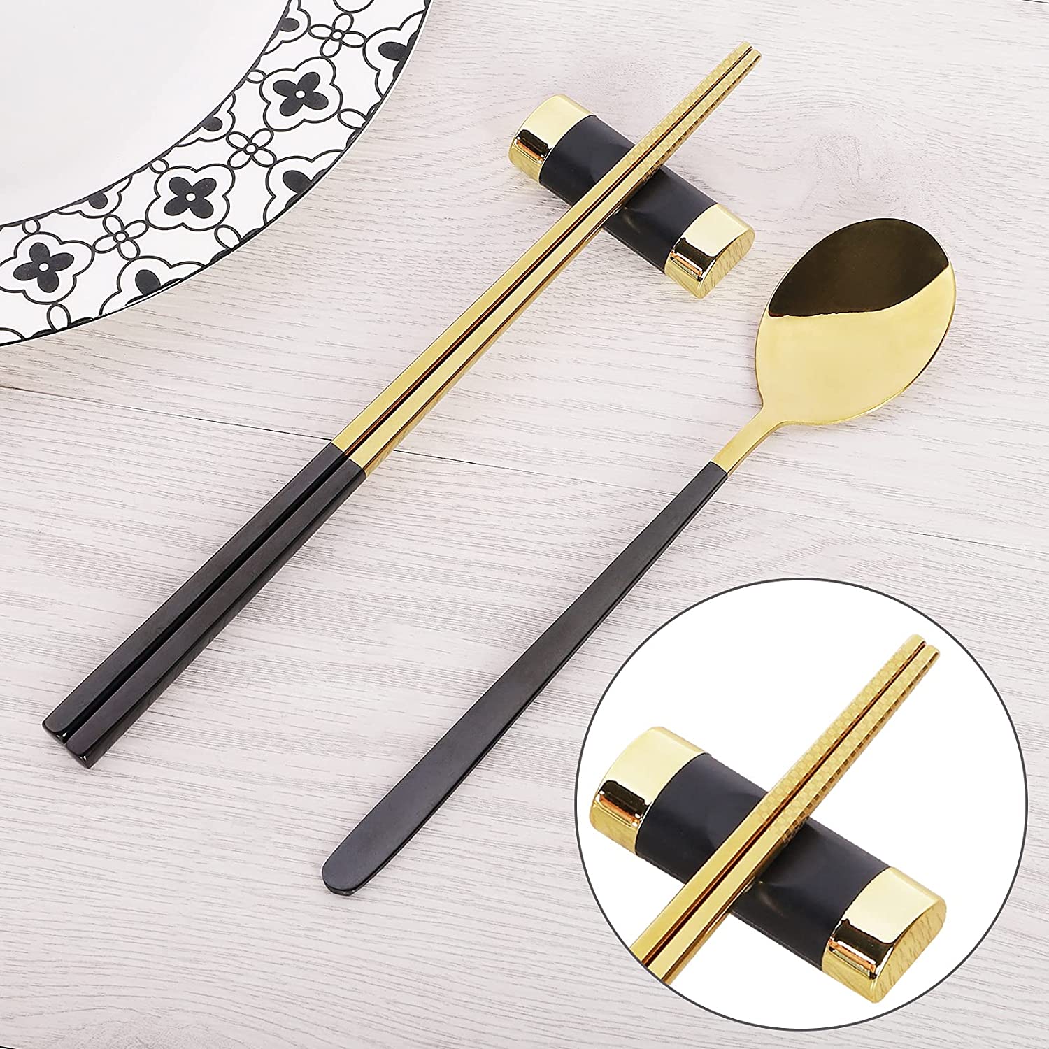 Stainless Steel Chopsticks Spoons and Chopsticks Holders, Dinner Flatware Gift Set (Black&Golden)