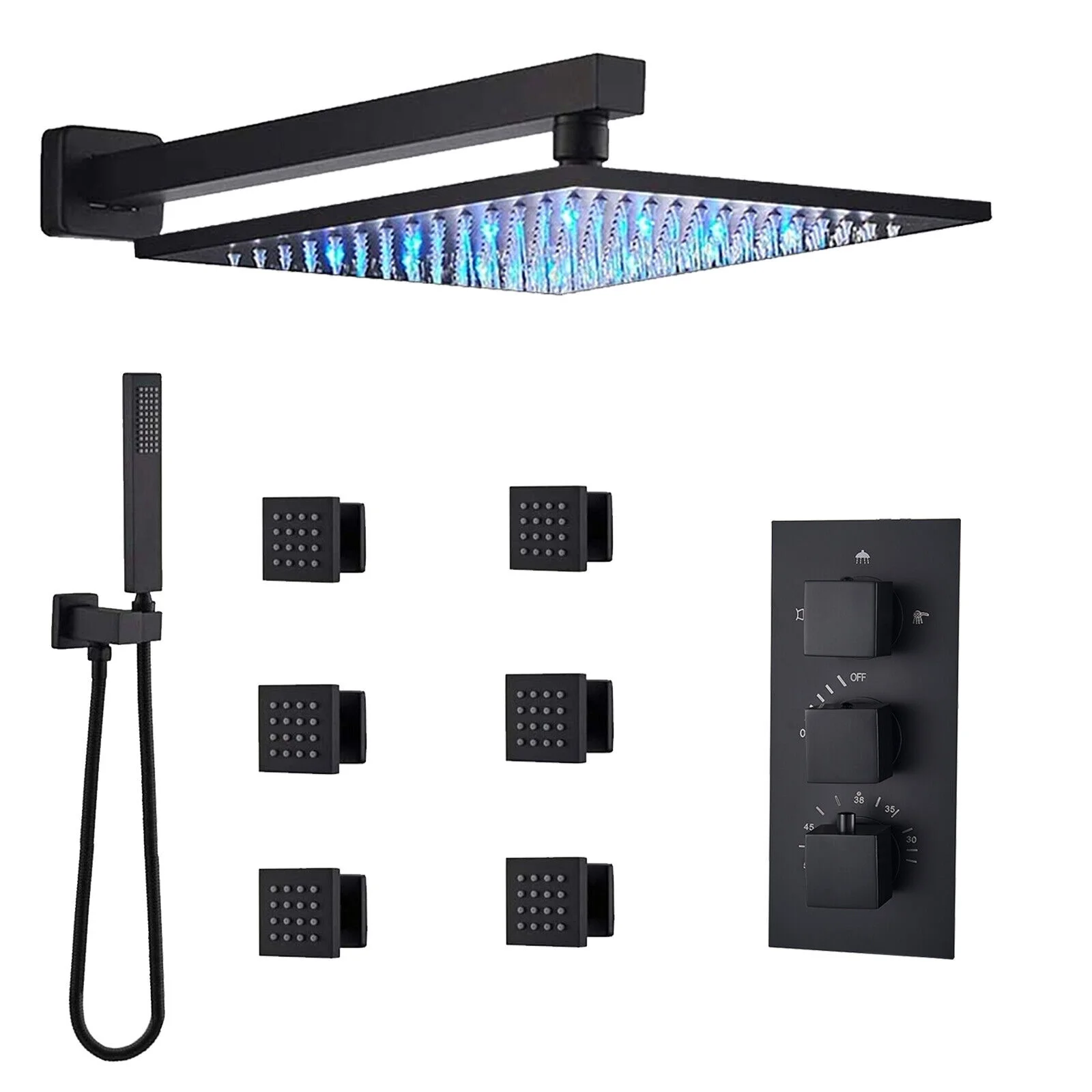 Zovajonia Shower System Matte Black 16 Inches LED Shower Faucet Set,   Rain Shower Head with Handheld Spray laundry jet system Bathroom Wall Mount Shower Fixtures