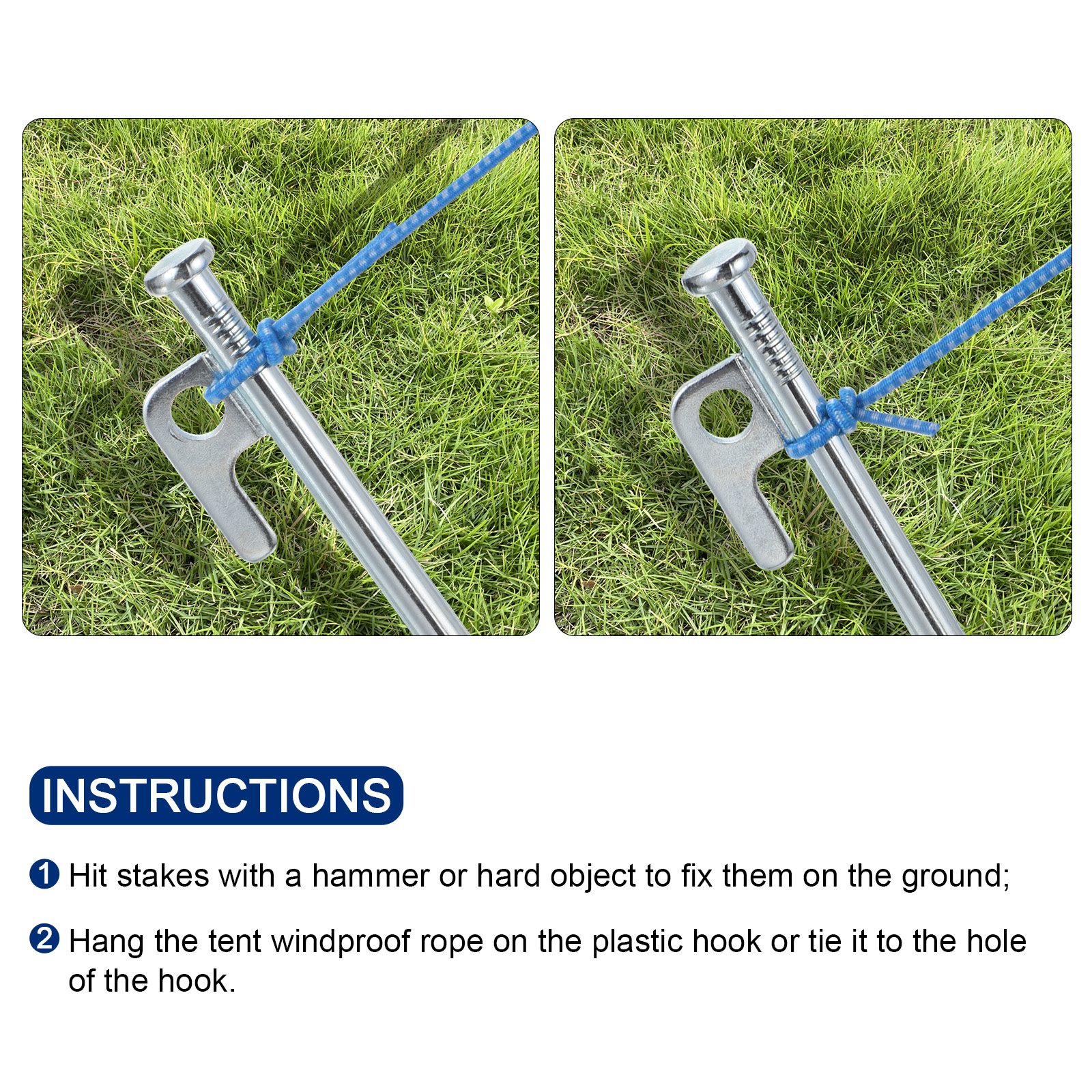 Uxcell 20cm/8 Inch Heavy Steel Camping Tent Stakes Pegs with Hook, Silver Tone 8 Pack