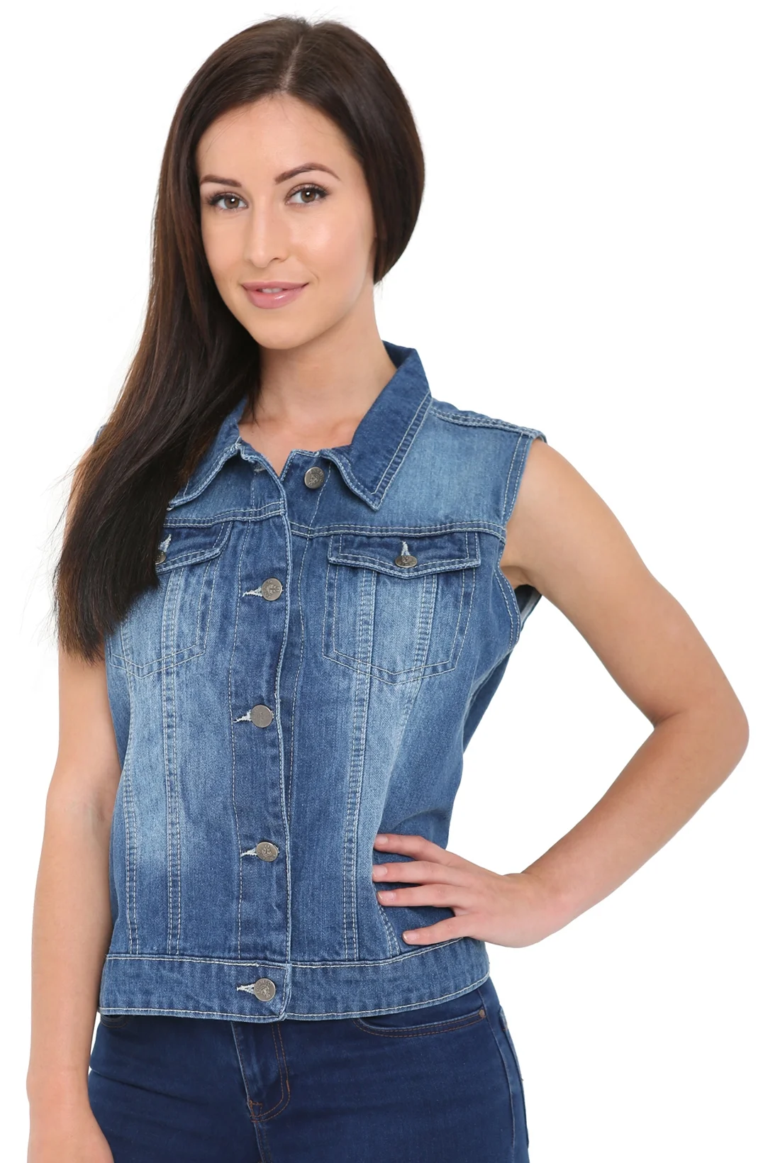Skaylinewears Women's Denim Vest Buttoned Washed Denim Vest Sleeveless Jean Jacket Chest Flap Pocket