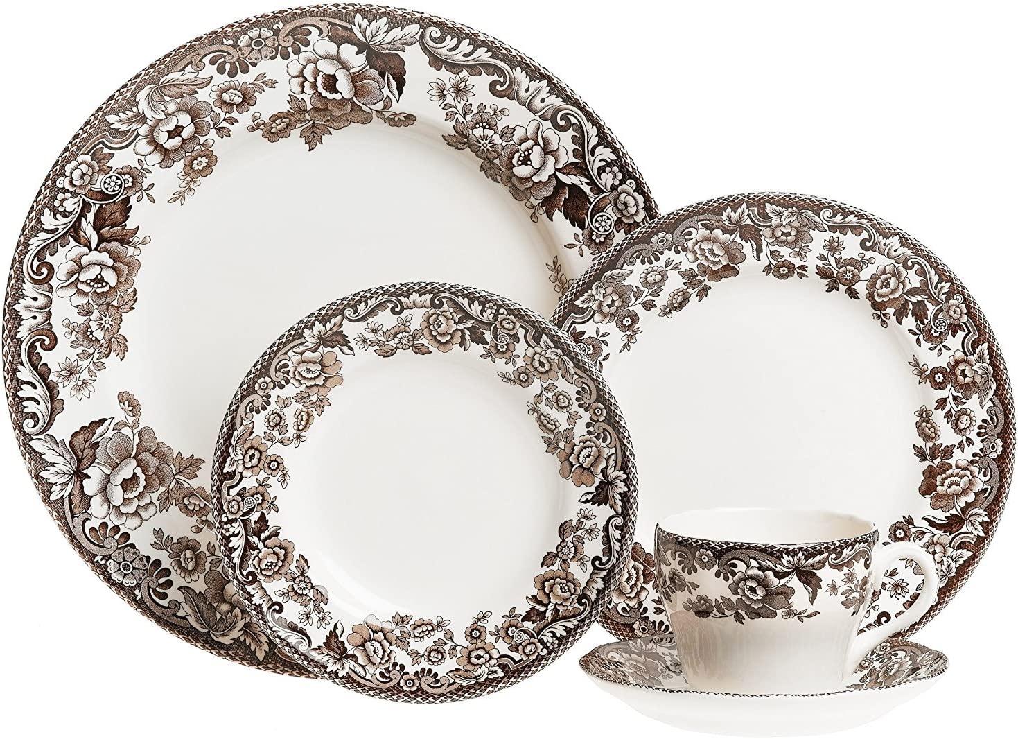 DIQIN Delamere 5 Piece Place Setting, Brown Earthenware, Includes Dinner Plate, Salad Plate, Bread Plate, Teacup and Saucer, Microwave and Dishwasher Safe