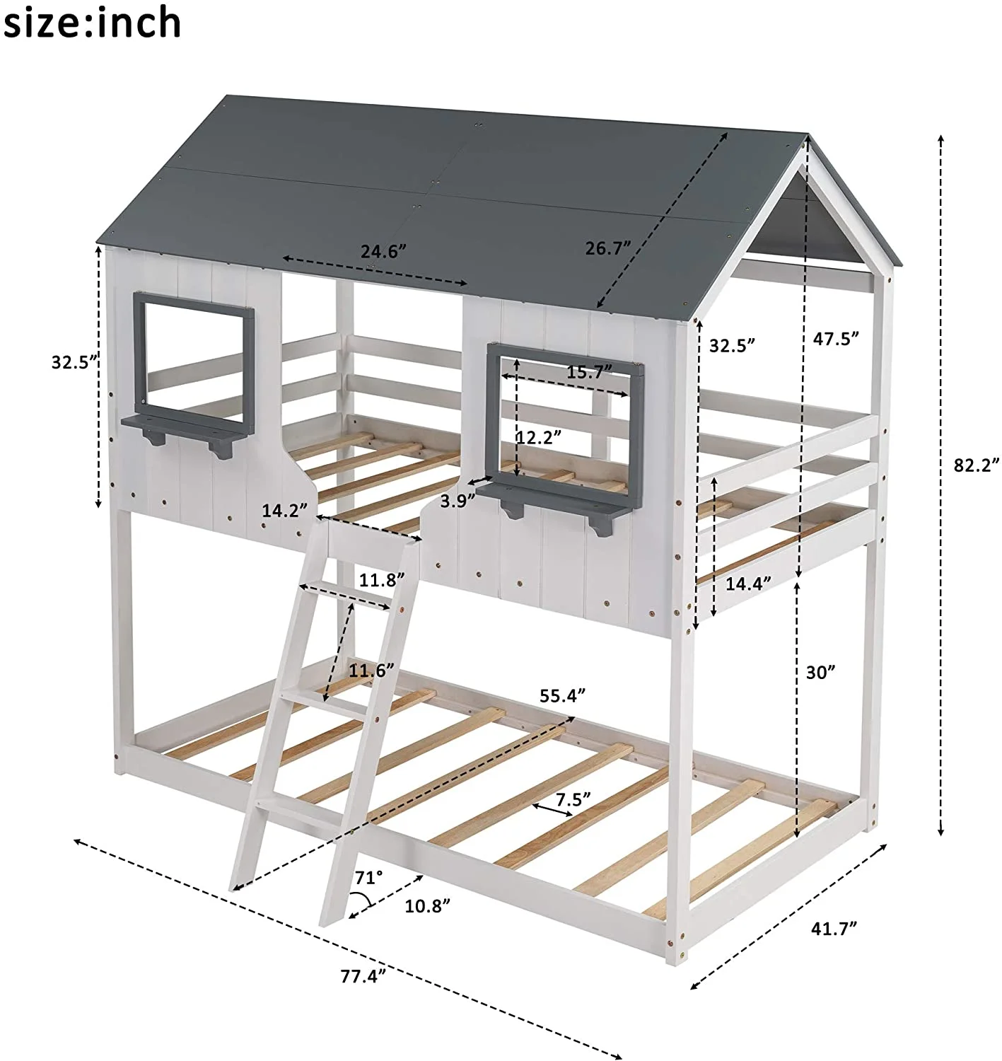 Churanty Twin Over Twin Wooden House Bed, Bunk Bed with Playhouse,White