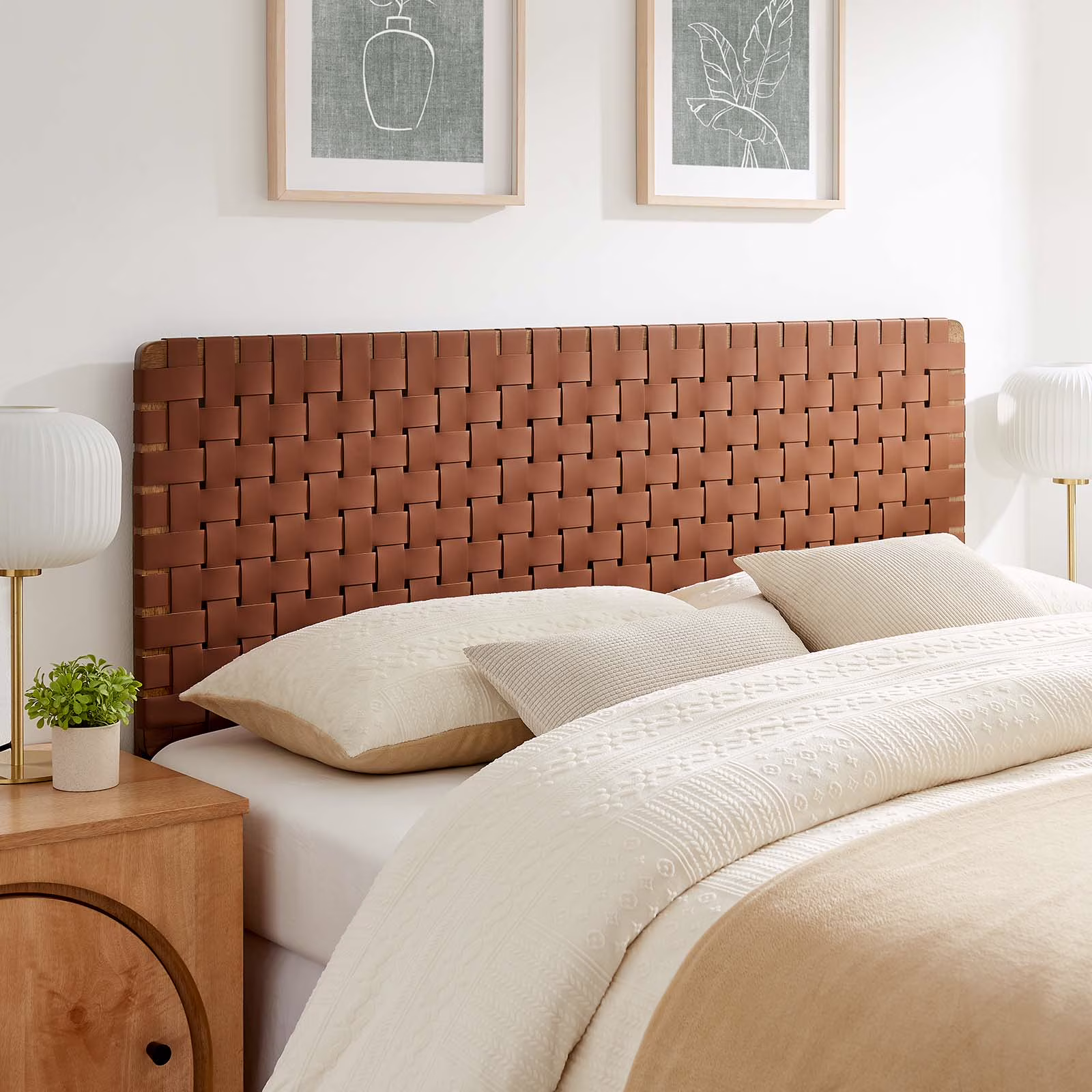 Modway Sparta Weave Queen Vegan Leather Headboard in Walnut Brown