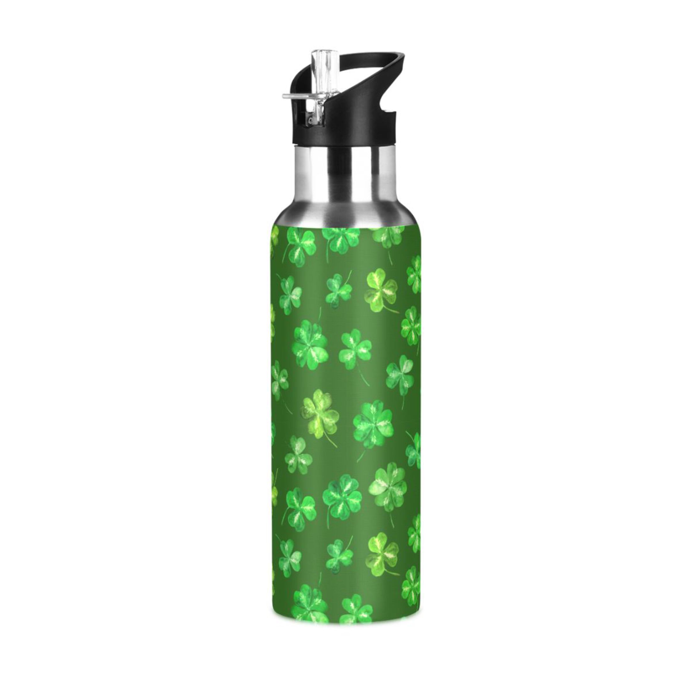 Stainless Steel Water Bottle St Patricks Trefoil Leaves Four Leaf Green Clover Shamrock Clover with Straw Lid Vacuum Insulated Leak Proof Flask Jug for Gym Travel Sports Cycling