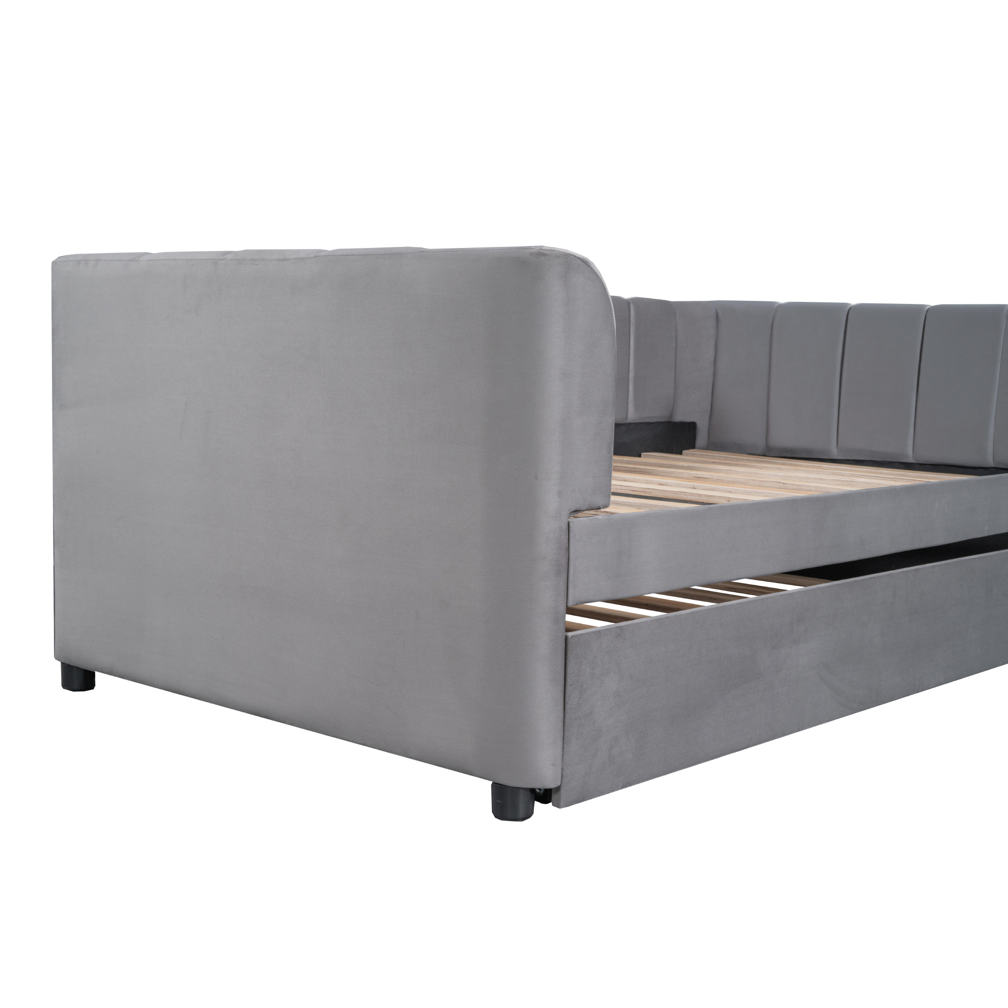 Twin Upholstered Daybed with Trundle & Ergonomic Backrest, Gray - Fits Twin Mattress