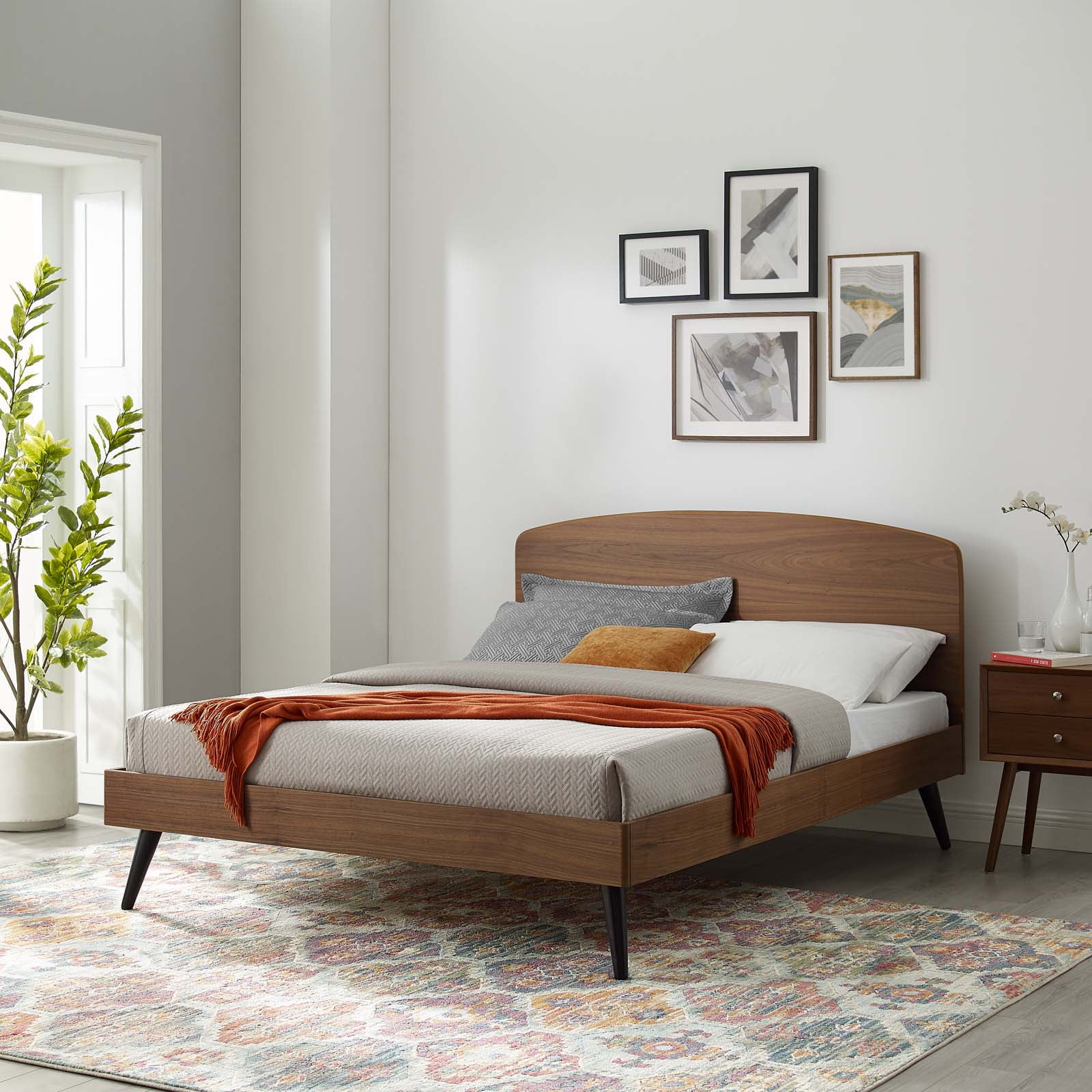 Platform Bed Frame, Full Size, Wood, Brown Walnut, Modern Contemporary Urban Design, Bedroom Master Guest Suite