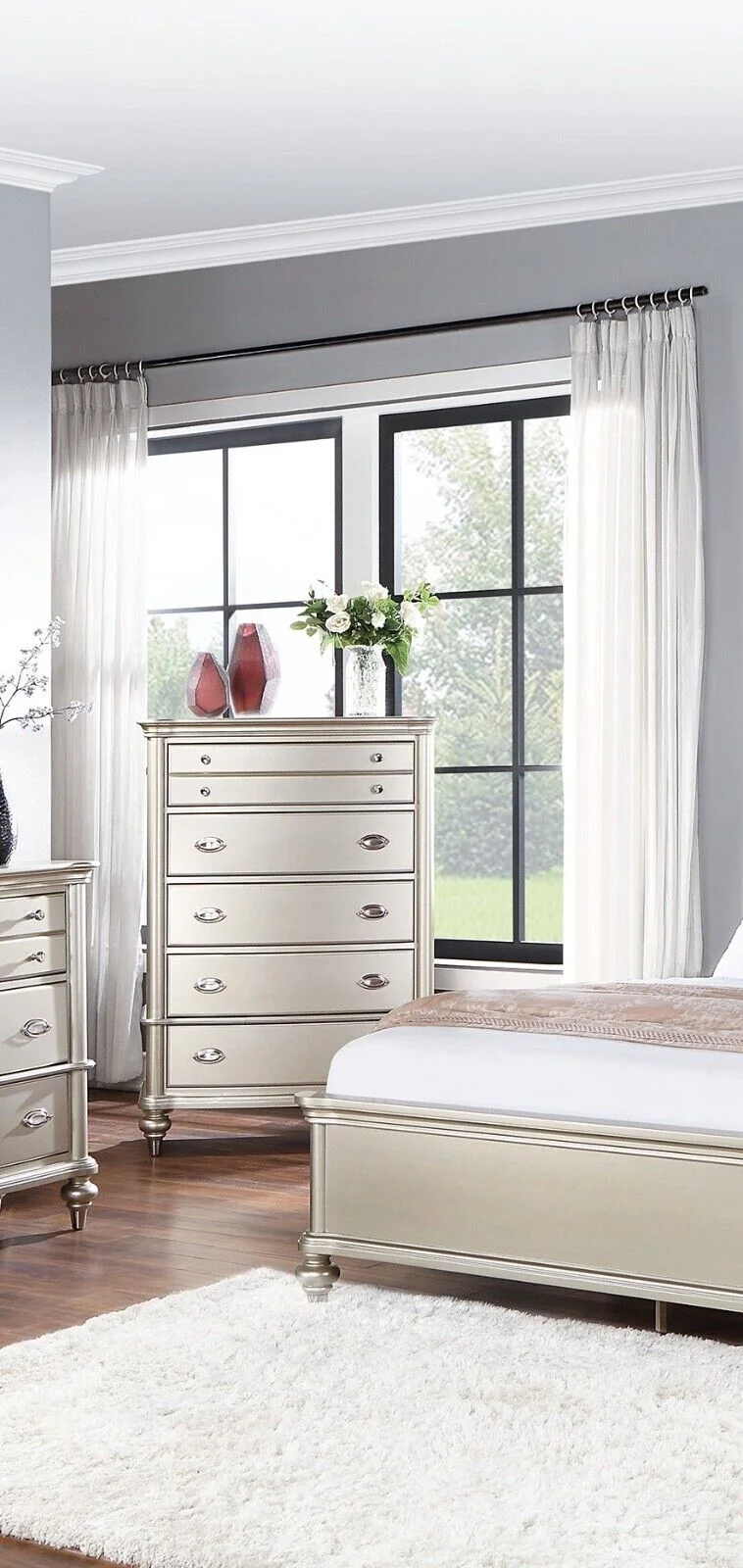 Bedroom 6pc Queen Size Bed Set Silver Finish Dresser Mirror Nightstands Chest Furniture Classic Elegant