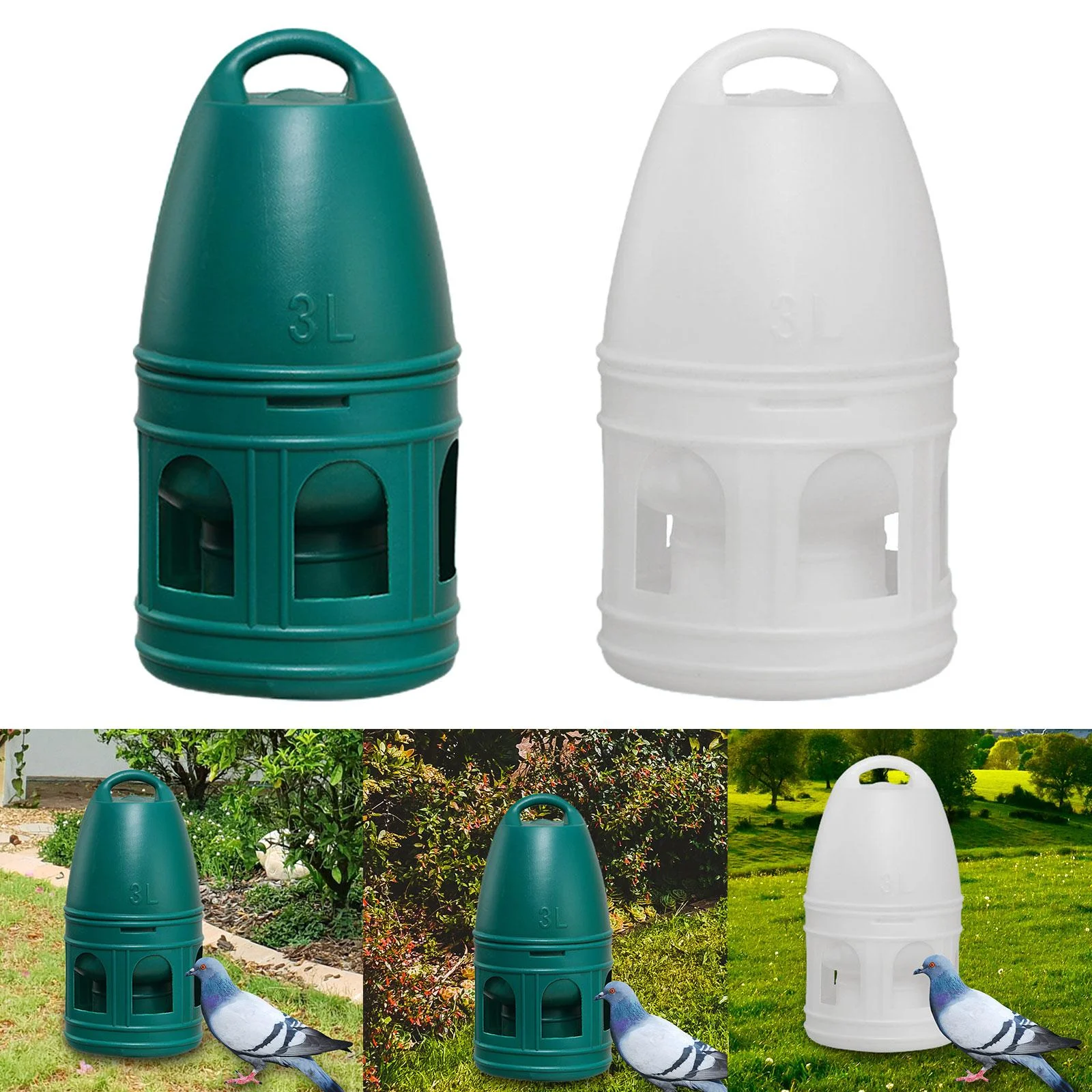 2Pcs Bird Feeding Drinker Feeder Professional Water Pot Container with Handle Water Bottle Pigeon Water Dispenser for Chicken Dove Coop Duck 3L Green White