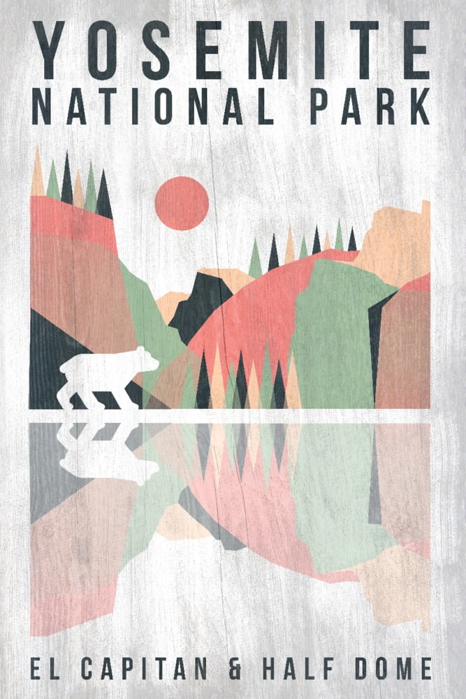 Yosemite National Park, California, El Capitan and Half Dome, Bear and Reflection Press (12x18 Wall Art Poster, Room Decor)