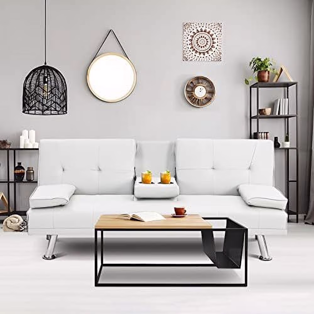 HOOMHIBIU Futon Sofa Bed  Modern Convertible Upholstered Faux Leather Loveseat Sleeper Sofa Couch w/7 Adjustable Positions  Cup Holder for Living Room  Bedroom  Studio  Office  Black