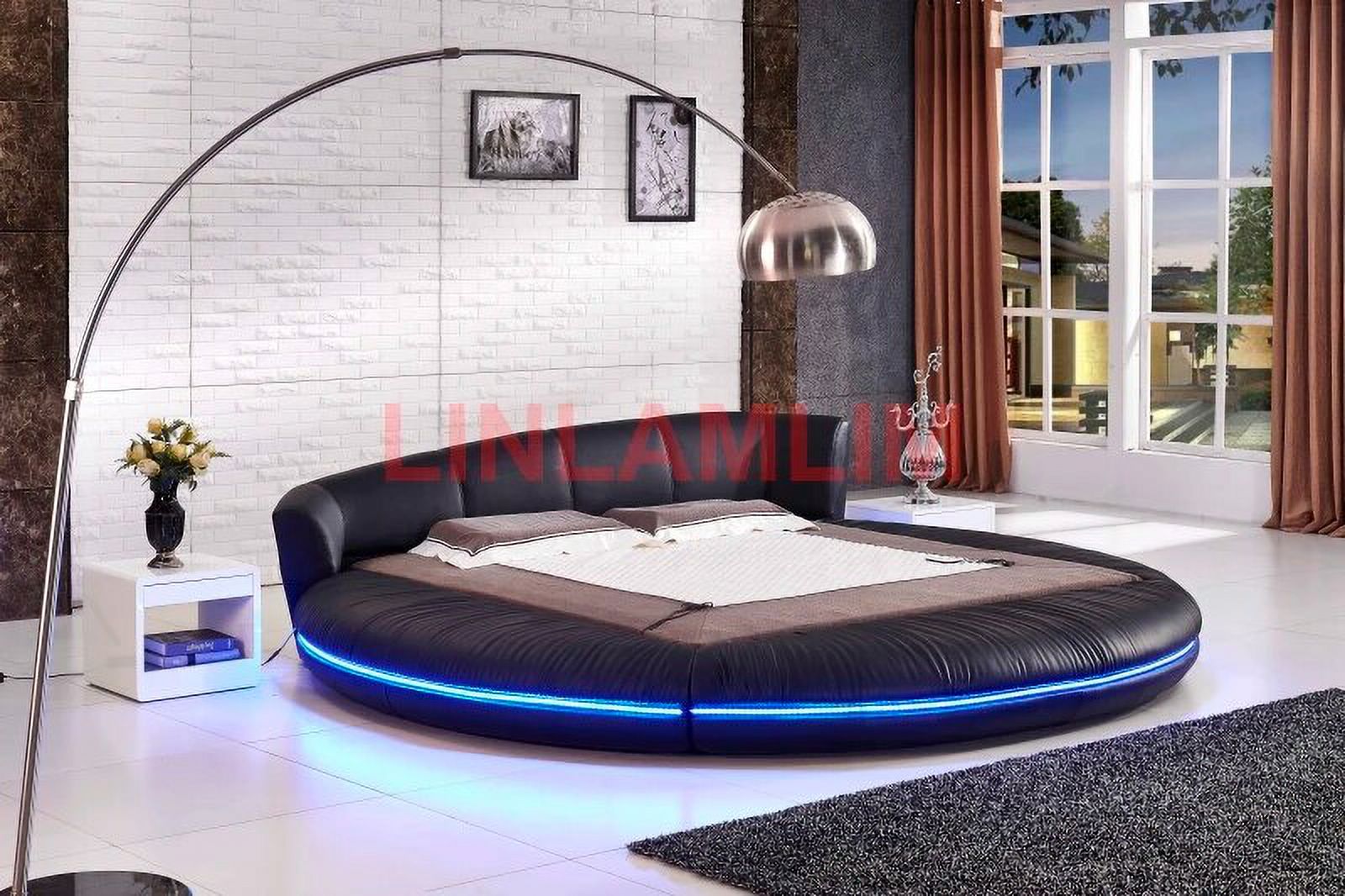 Linlamlim LED light round BED frame camas genuine leather bed кровать двусп&