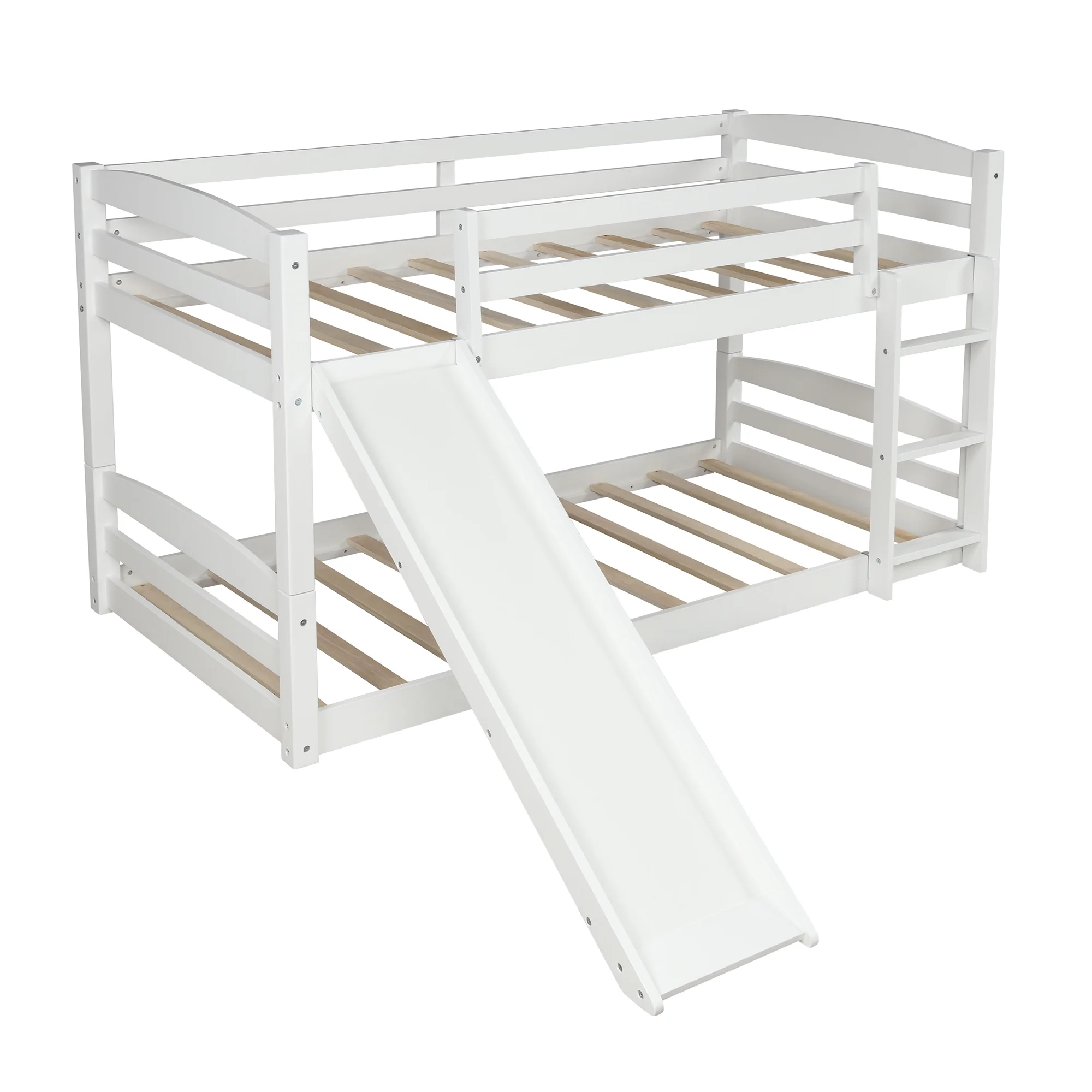 White Twin over Twin Low Bunk Bed with Slide and Ladder
