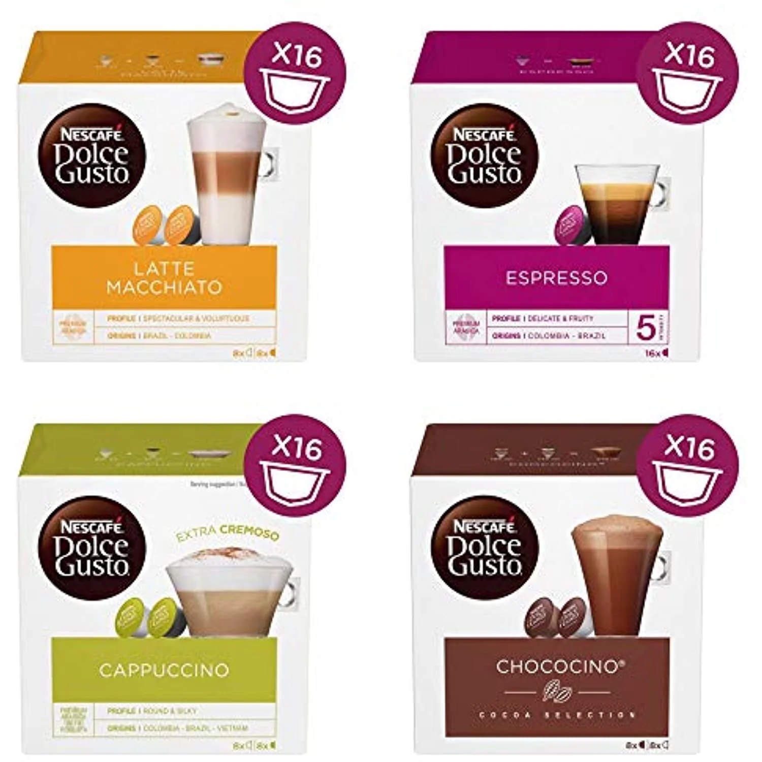 Nescafe Dolce Gusto 4 Flavour Variety Pack (64 Capsules) Boxed