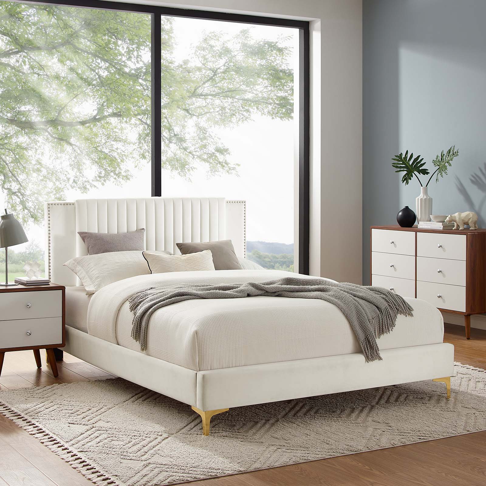 Modway Zahra Channel Tufted Performance Velvet Twin Platform Bed in White