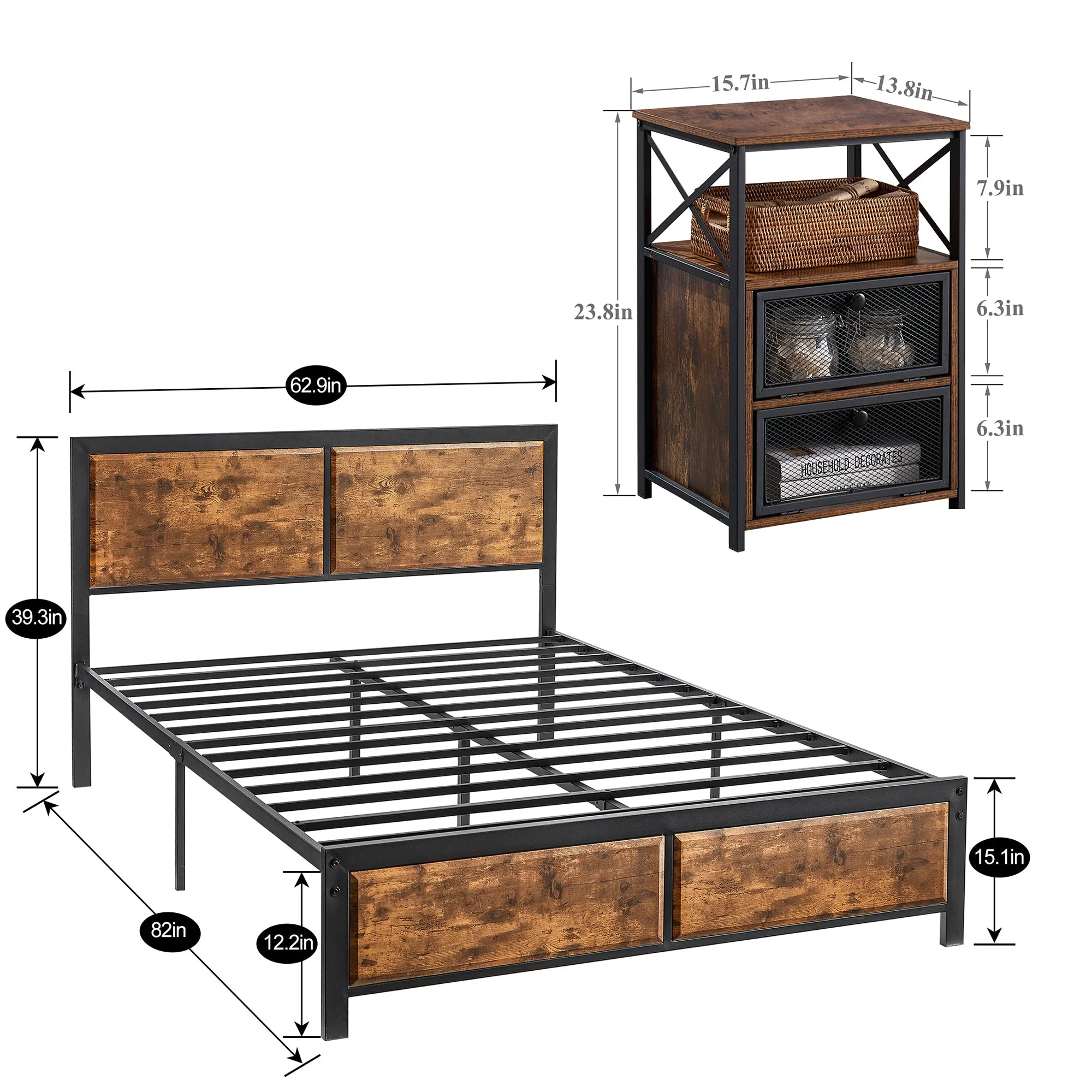 VECELO 3-Piece Queen Bedroom Sets with Wooden Headboard Bed Frame and 2 Brown Nightstands