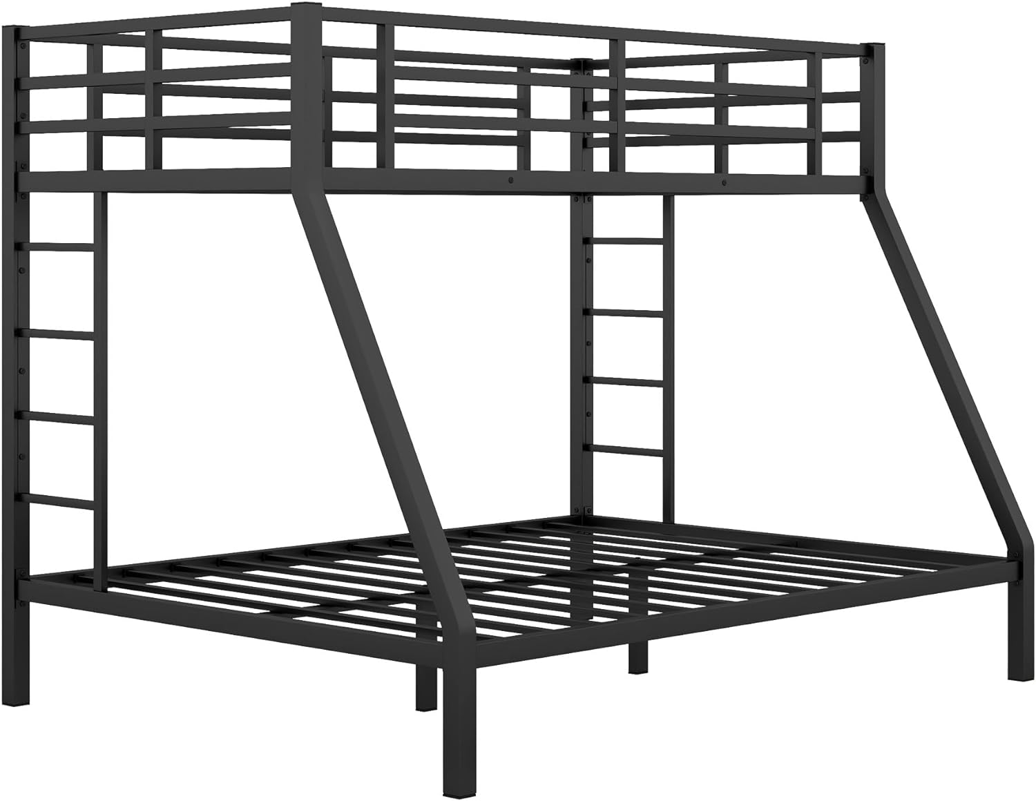 Bunk Bed XL Over Queen Metal Bunk Bed Frame With 2 Ladders And Guardrails, Black