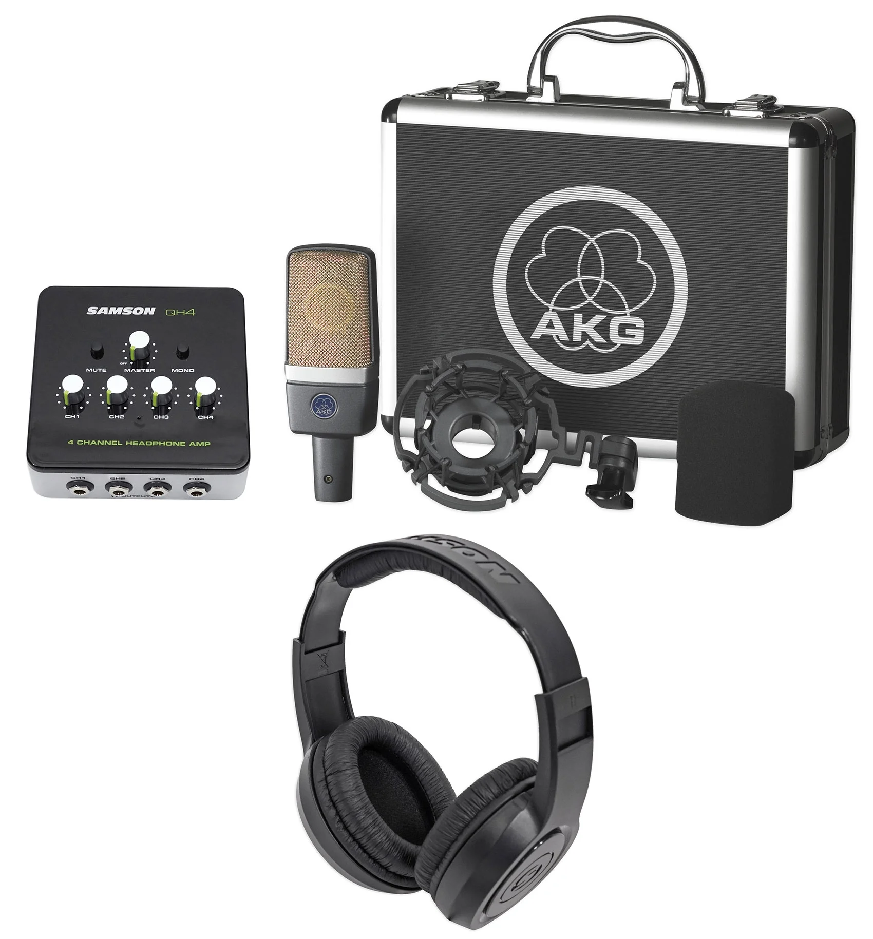 AKG C214 Condenser Microphone Recording Mic+Samson Headphones+Amplifier+Shield