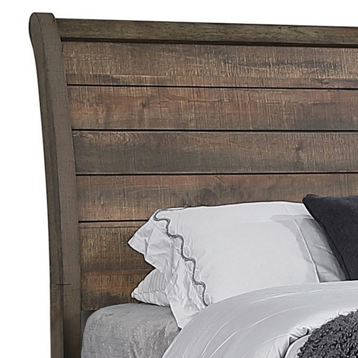 Que Wood Queen Size Bed with Curved Plank Sleigh Design, Rustic Brown- Saltoro Sherpi