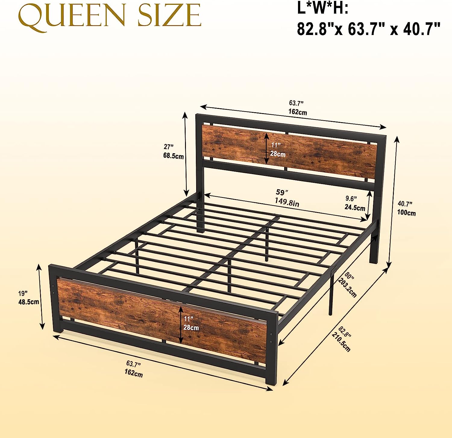 Popular Codesfir Queen Bed Frame with Headboard and Footboard  Heavy Duty Platform Metal Bed Frame with Strong 4 U-Shaped Support Frames & 12 Strong Wood Slat Support  No Box Spring