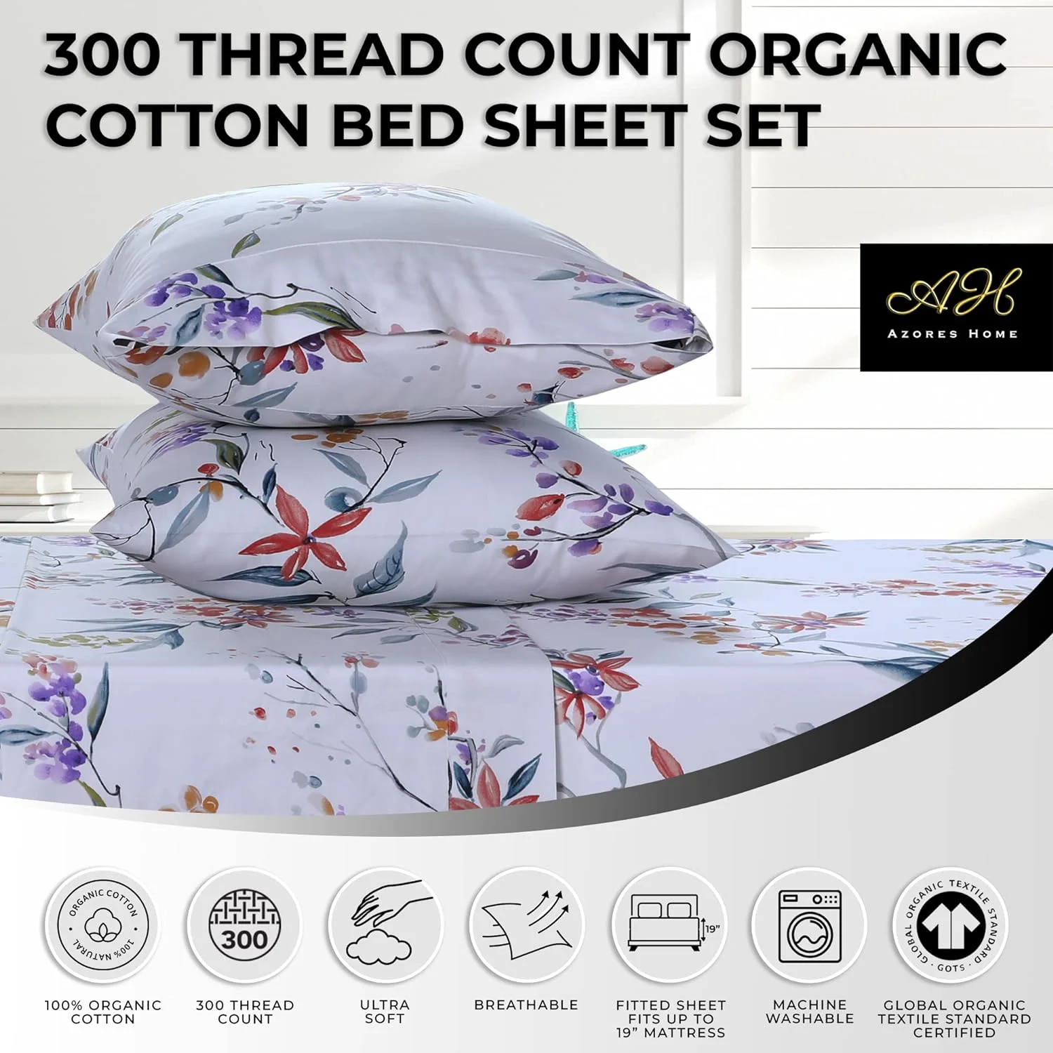Estella 300 Thread Count Organic Cotton Deep Pocket Bed Sheet Set, Fits Up To 19 Inch Mattress - Cal King, Multicolor