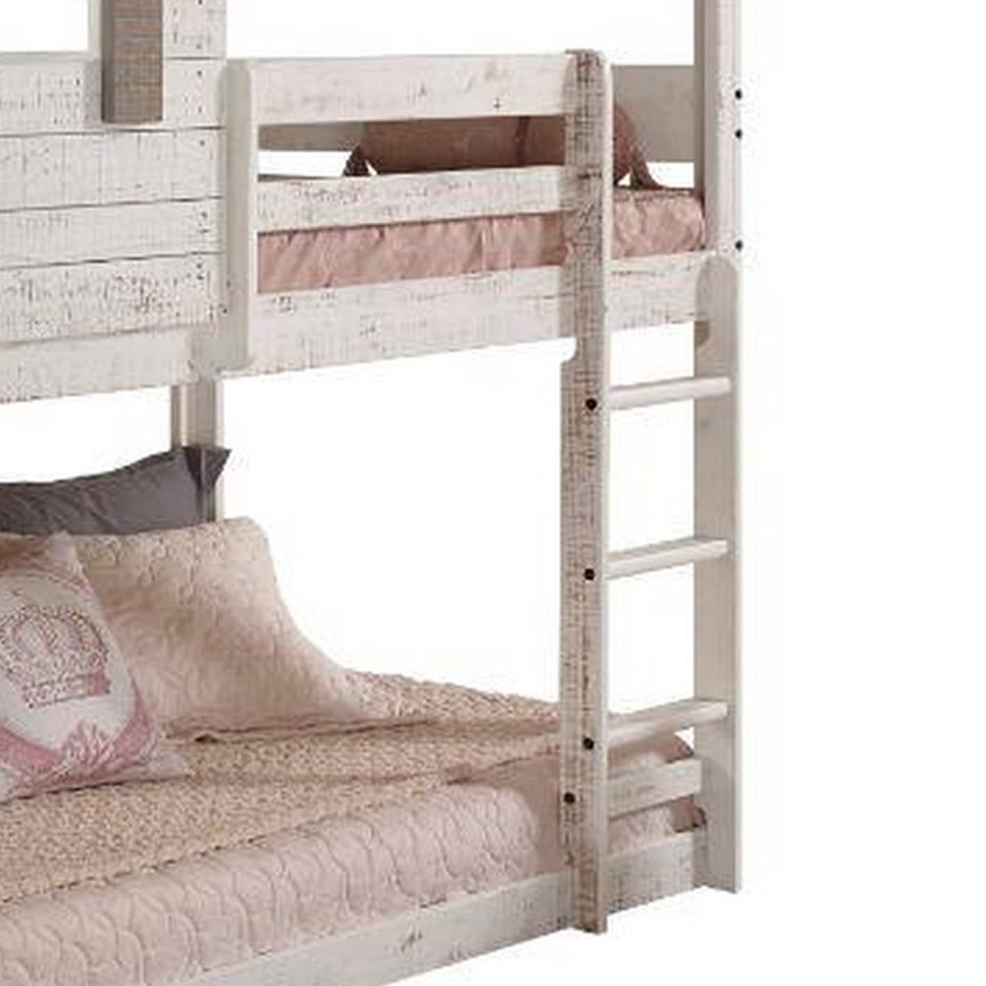 Wooden Twin Bunk Bed with House Design, White and Brown