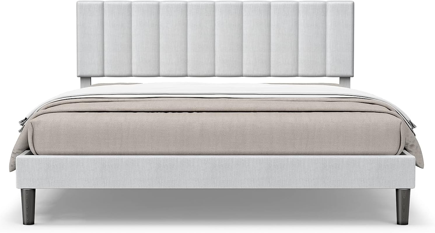 SHSHSIO Queen Size Bed Frame Modern Vertical Panel Upholstered Low Profile Platform with Tufted Headboard Linen Fabric Upholstery Light Grey (Queen Size)