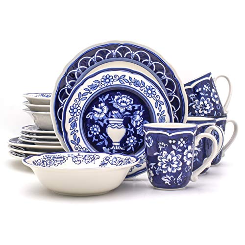 Euro Ceramica BGN-1001-DS Blue Garden Dinnerware Set, 16Piece, White
