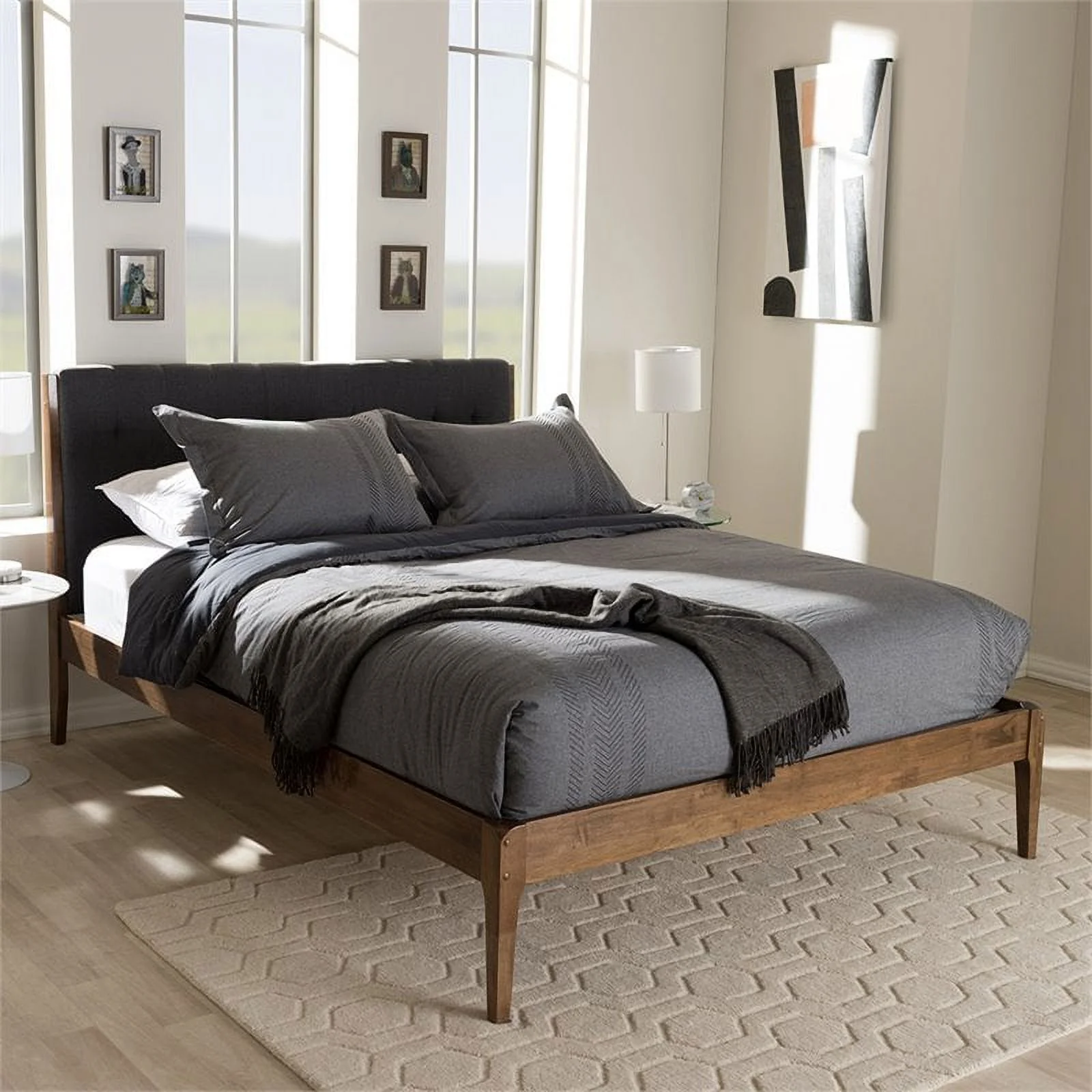 Bowery Hill Mid Century Fabric King Platform Bed in Gray/Walnut Brown